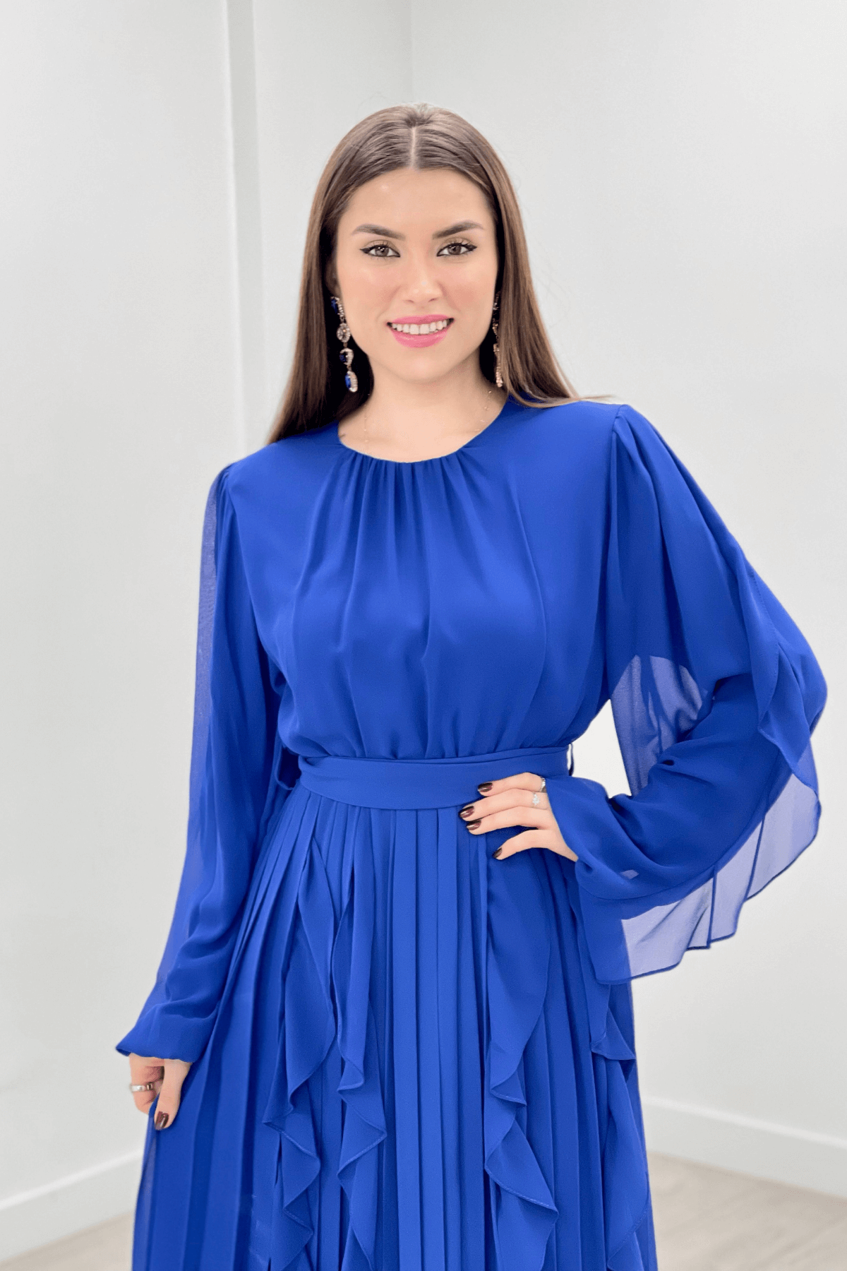 Şifon Kumaş Volan Plise Detaylı Abiye Elbise - SAKS MAVİ