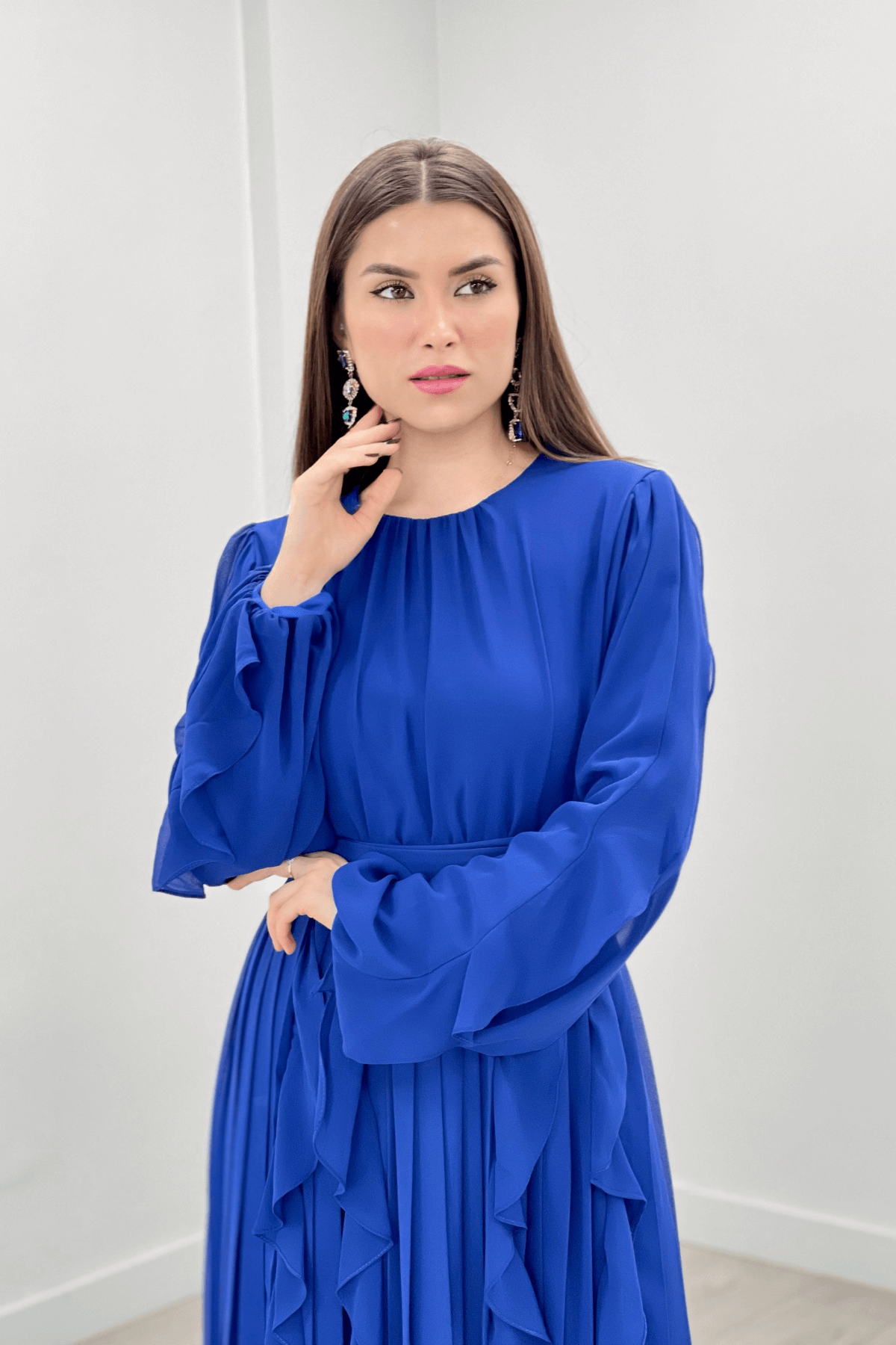 Şifon Kumaş Volan Plise Detaylı Abiye Elbise - SAKS MAVİ