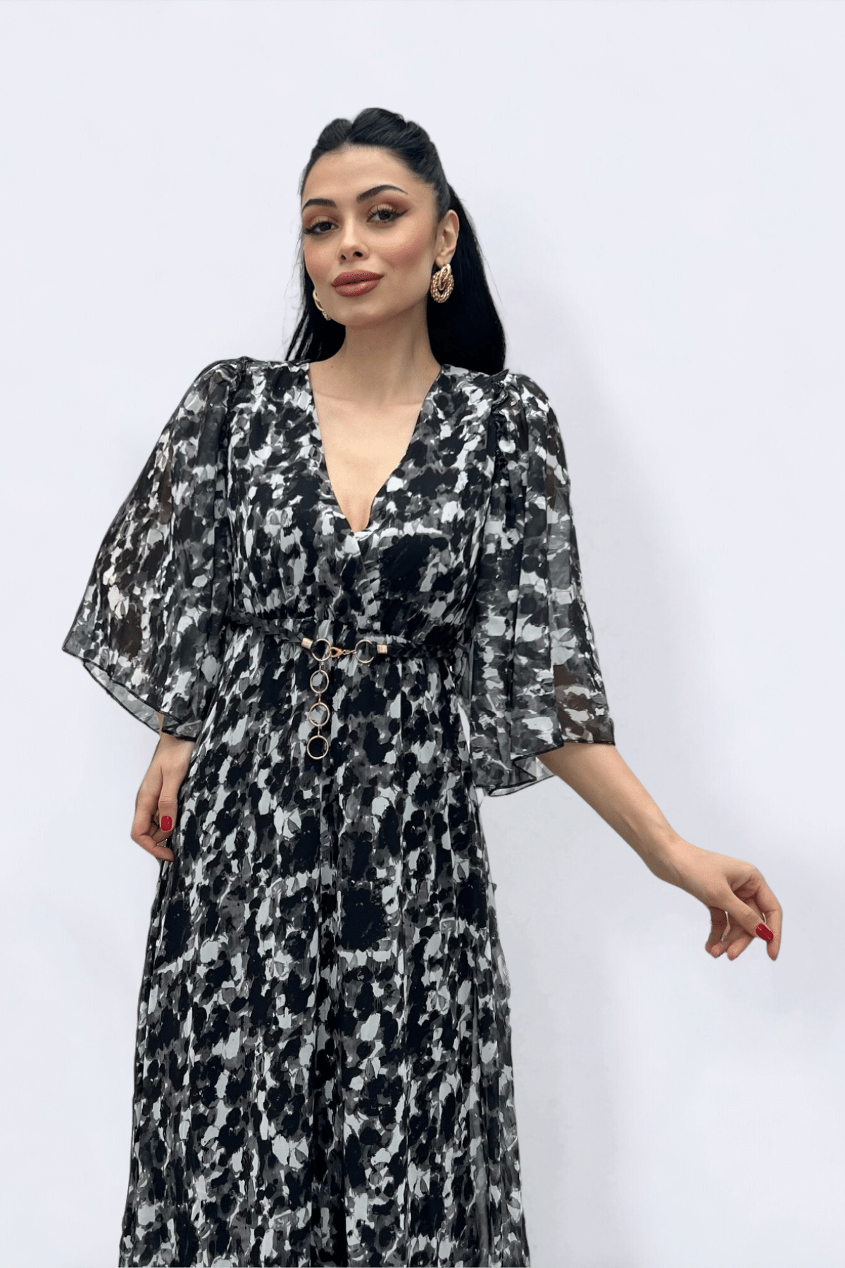 Şifon Kumaş Yarasa Kol Midi Elbise - SİYAH