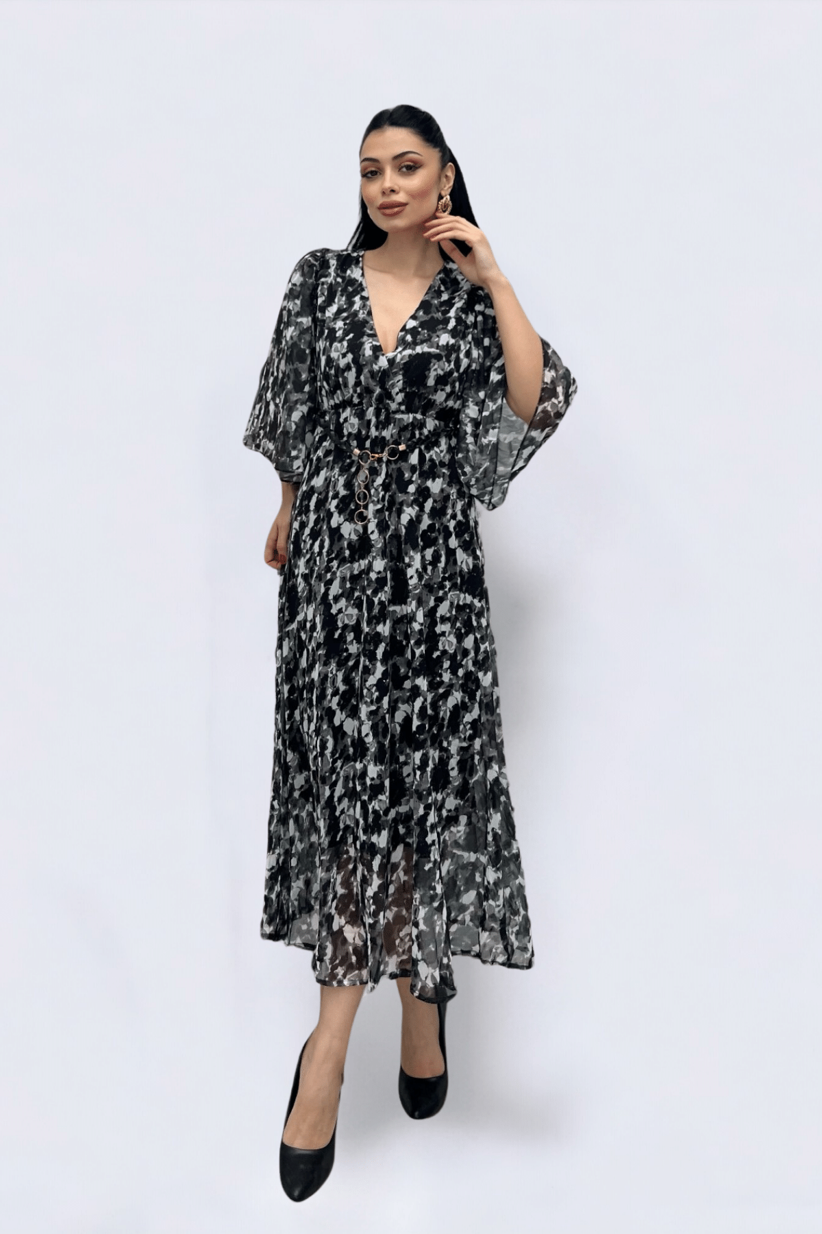 Şifon Kumaş Yarasa Kol Midi Elbise - SİYAH