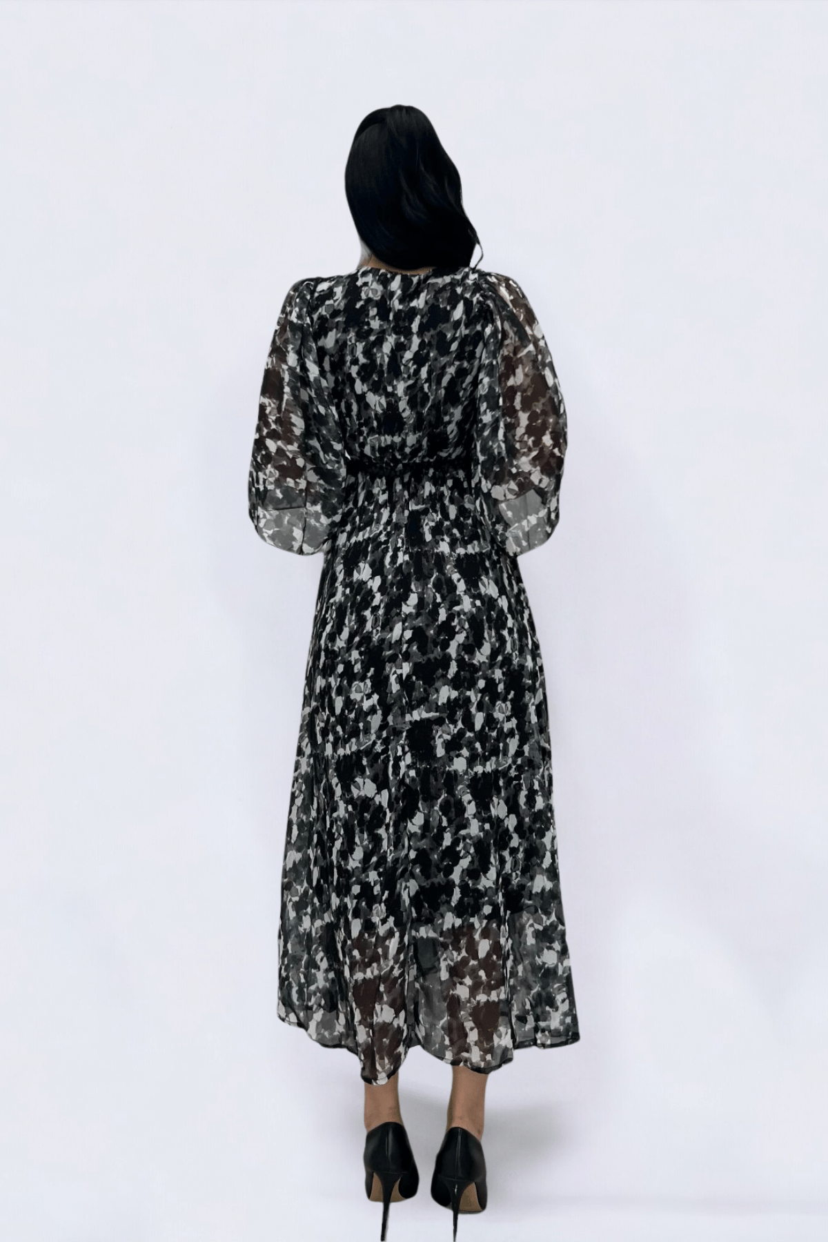 Şifon Kumaş Yarasa Kol Midi Elbise - SİYAH