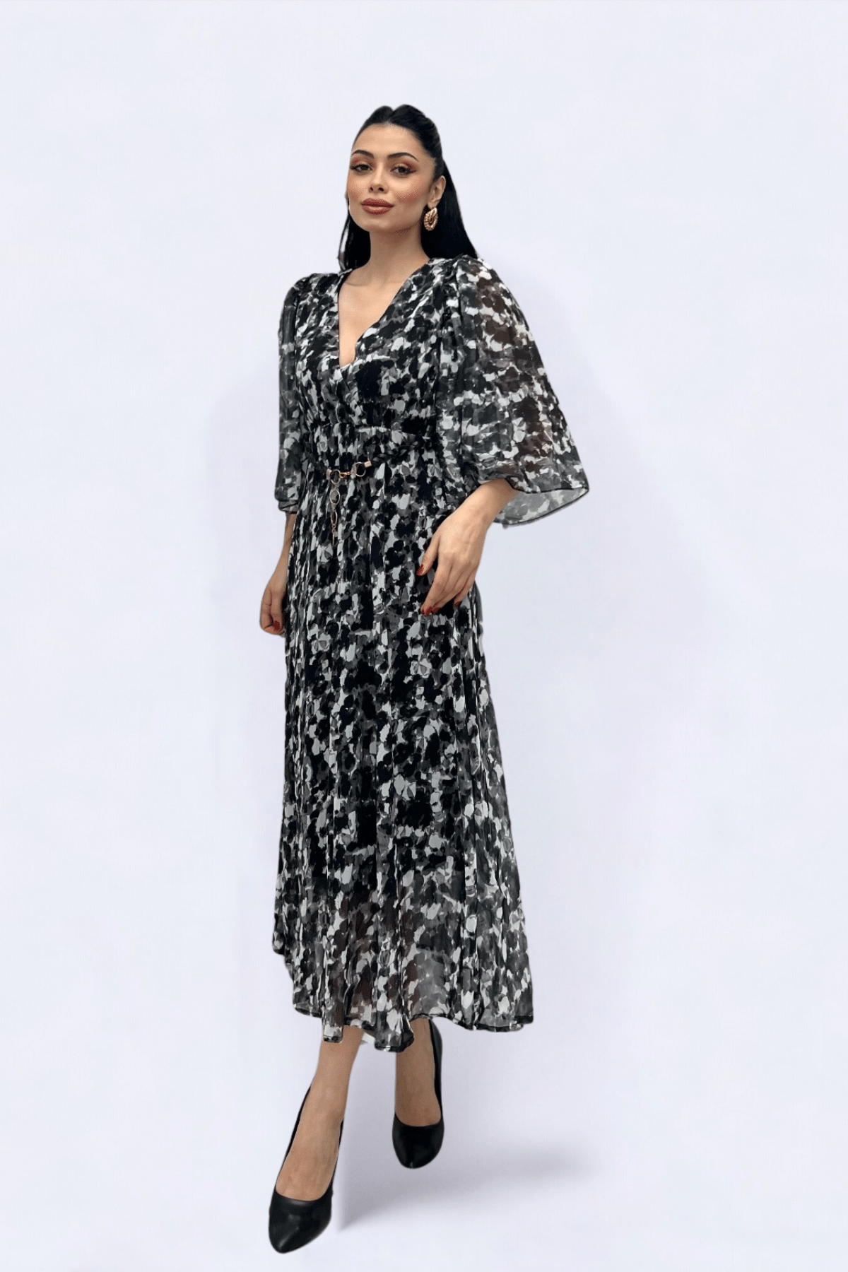 Şifon Kumaş Yarasa Kol Midi Elbise - SİYAH