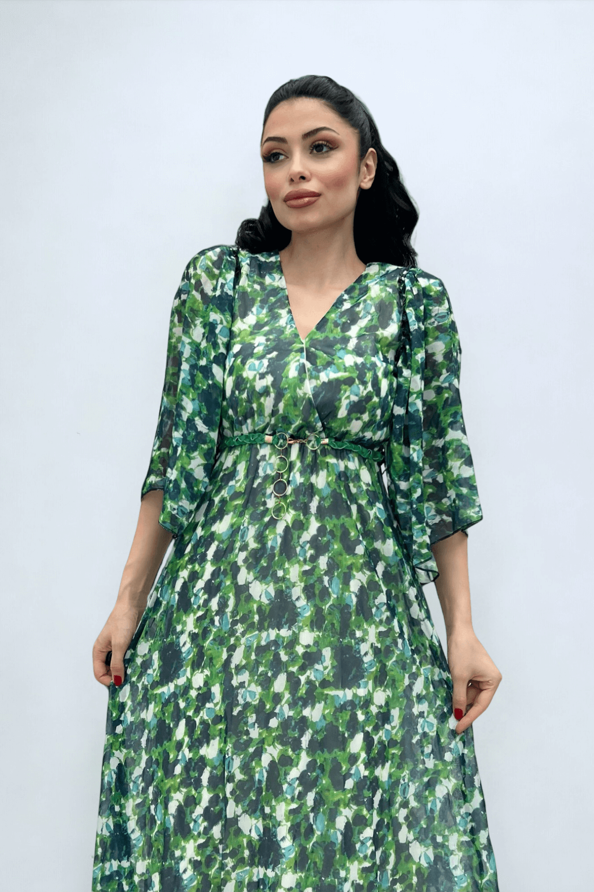 Şifon Kumaş Yarasa Kol Midi Elbise - YEŞİL