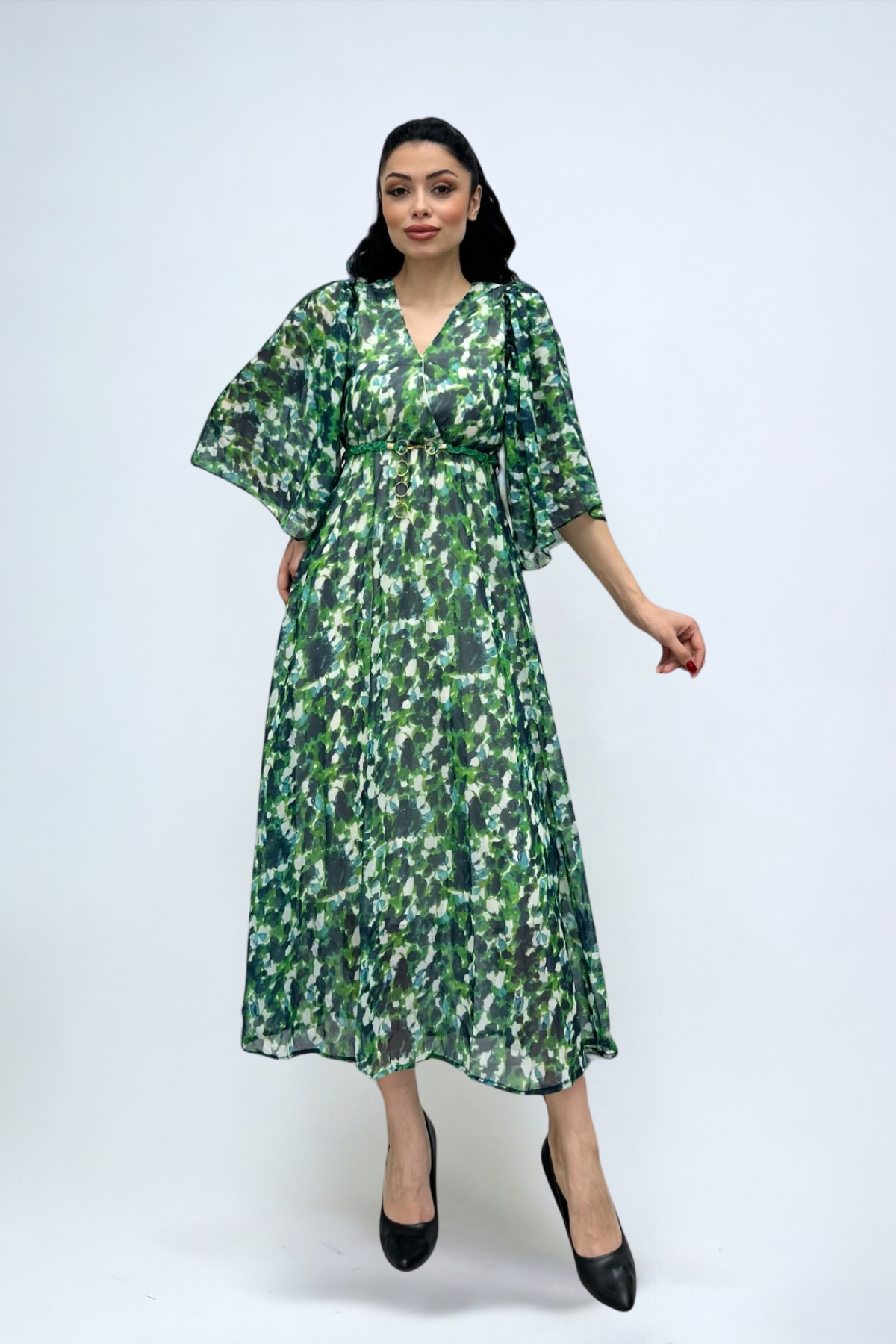 Şifon Kumaş Yarasa Kol Midi Elbise - YEŞİL