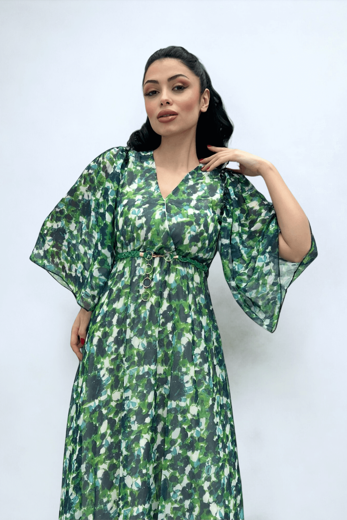 Şifon Kumaş Yarasa Kol Midi Elbise - YEŞİL