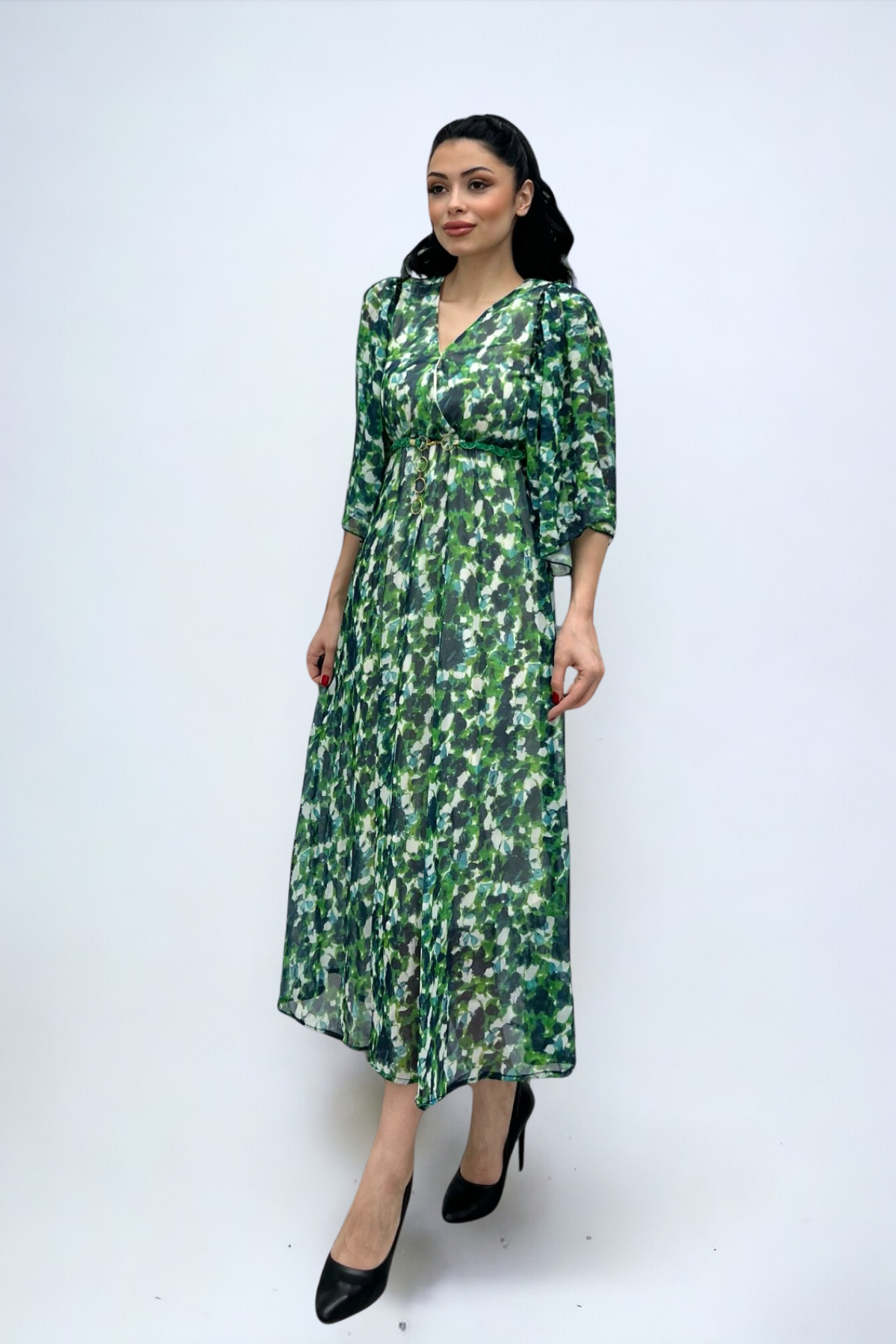 Şifon Kumaş Yarasa Kol Midi Elbise - YEŞİL