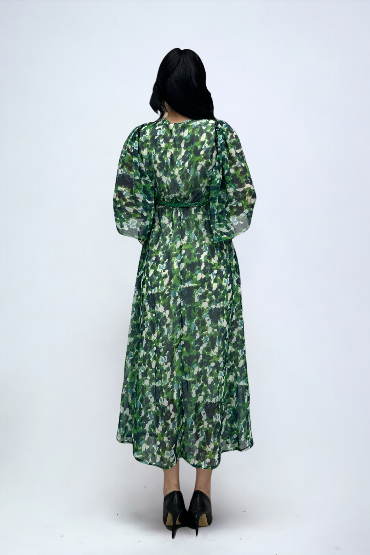 Şifon Kumaş Yarasa Kol Midi Elbise - YEŞİL