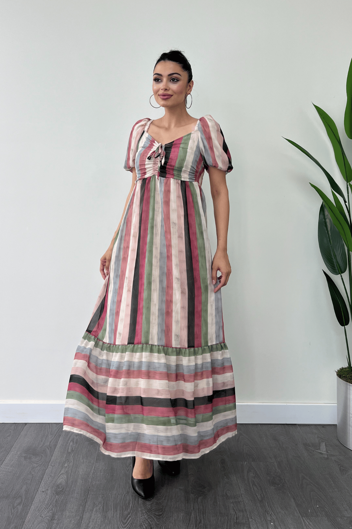 Şifon Renkli Çizgili Kumaş Balon Kol Elbise - KREM