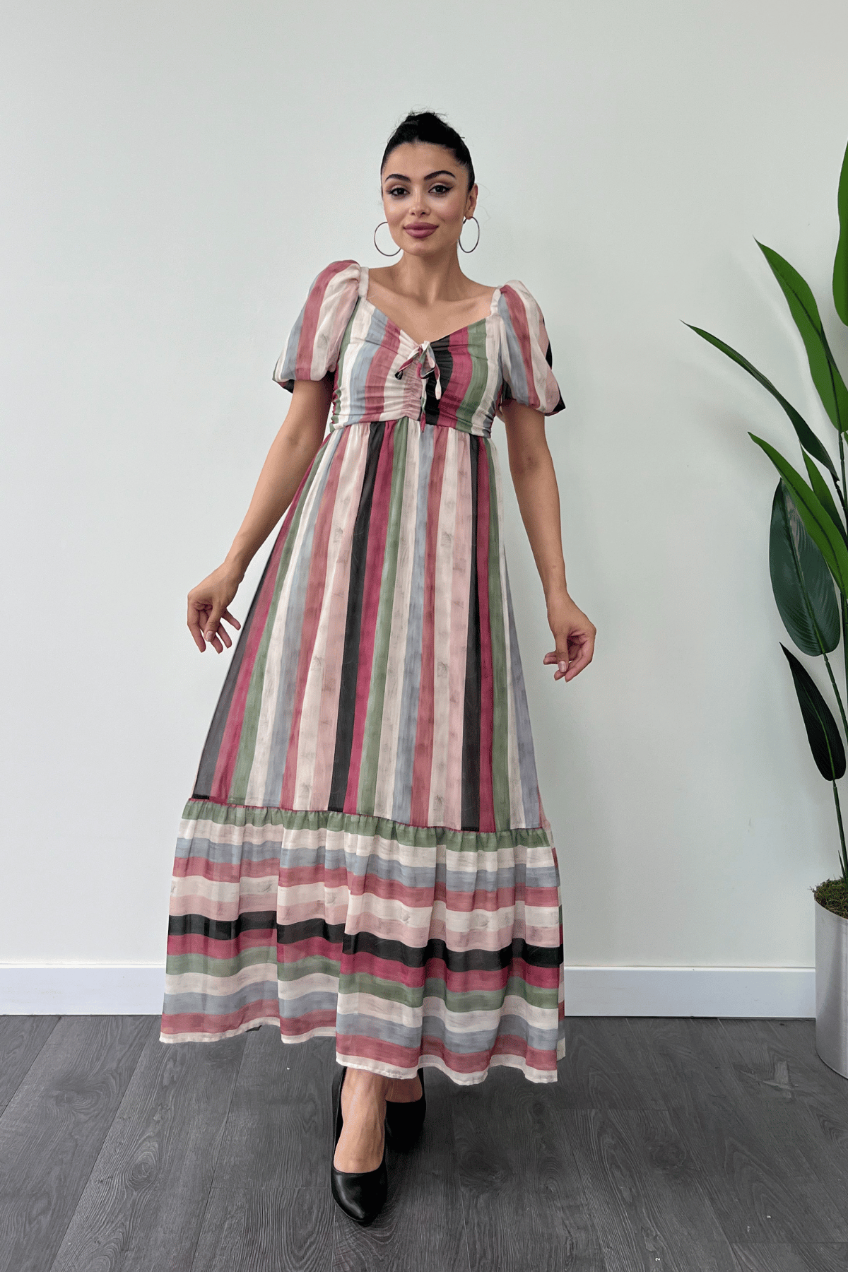 Şifon Renkli Çizgili Kumaş Balon Kol Elbise - KREM