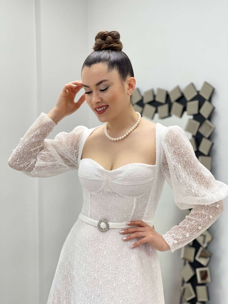 Sim Detaylı Kalp Yaka Tül Elbise - BEYAZ