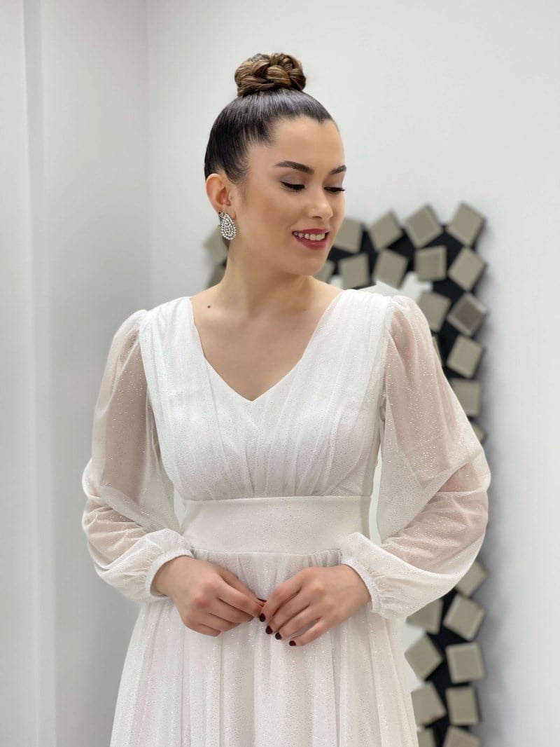 Sim Detaylı Midi Elbise - BEYAZ