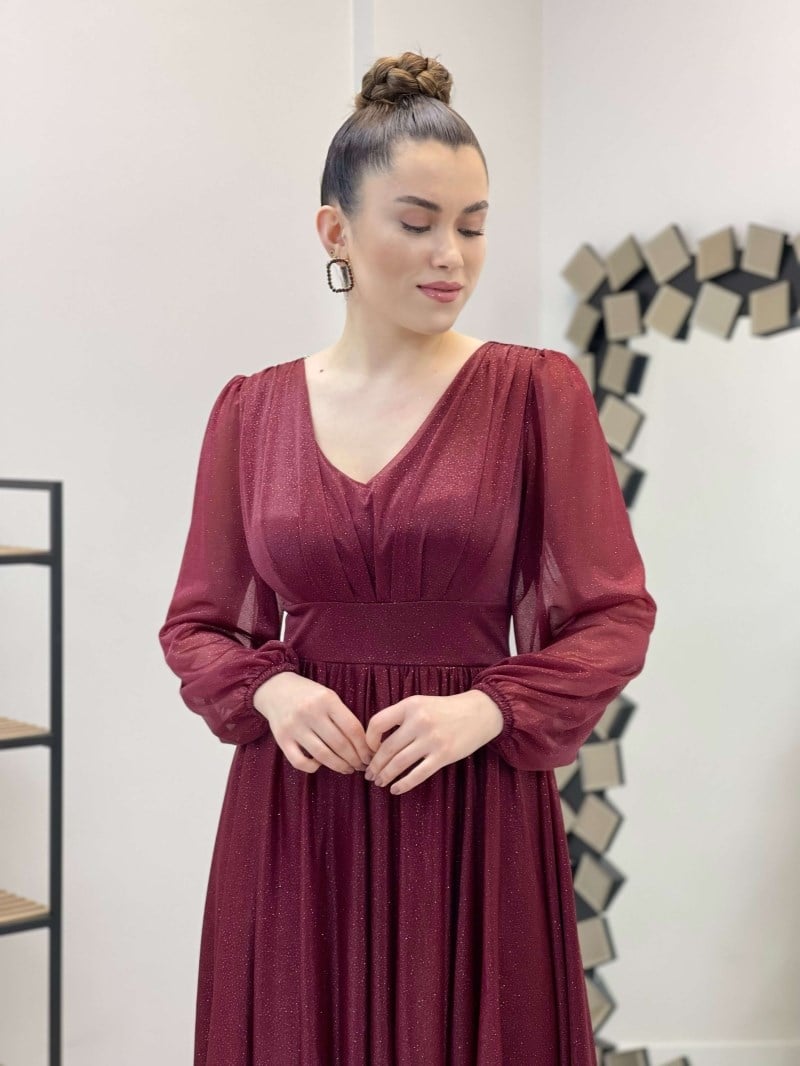 Sim Detaylı Midi Elbise - BORDO