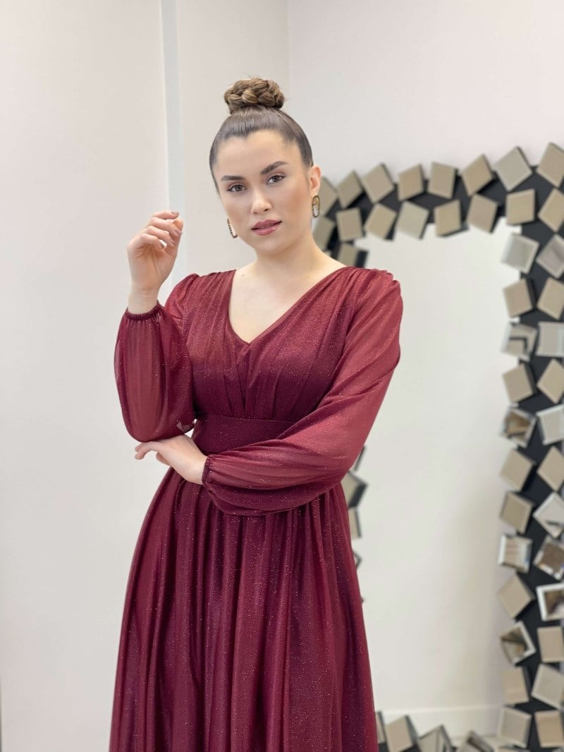 Sim Detaylı Midi Elbise - BORDO
