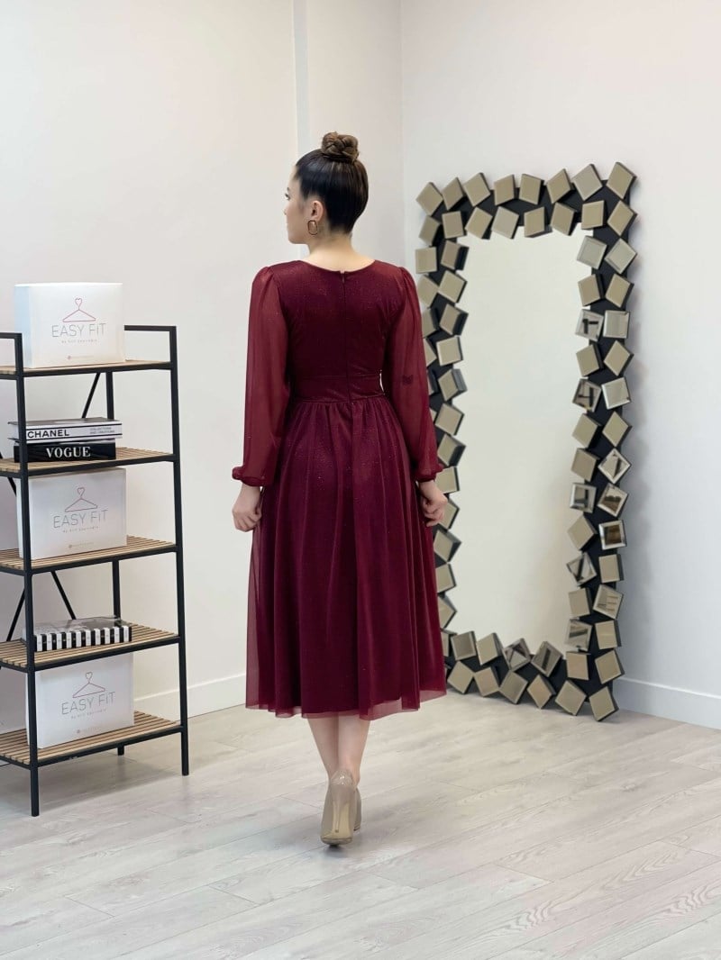 Sim Detaylı Midi Elbise - BORDO