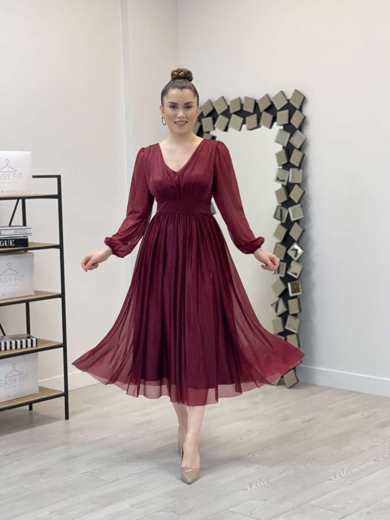 Sim Detaylı Midi Elbise - BORDO