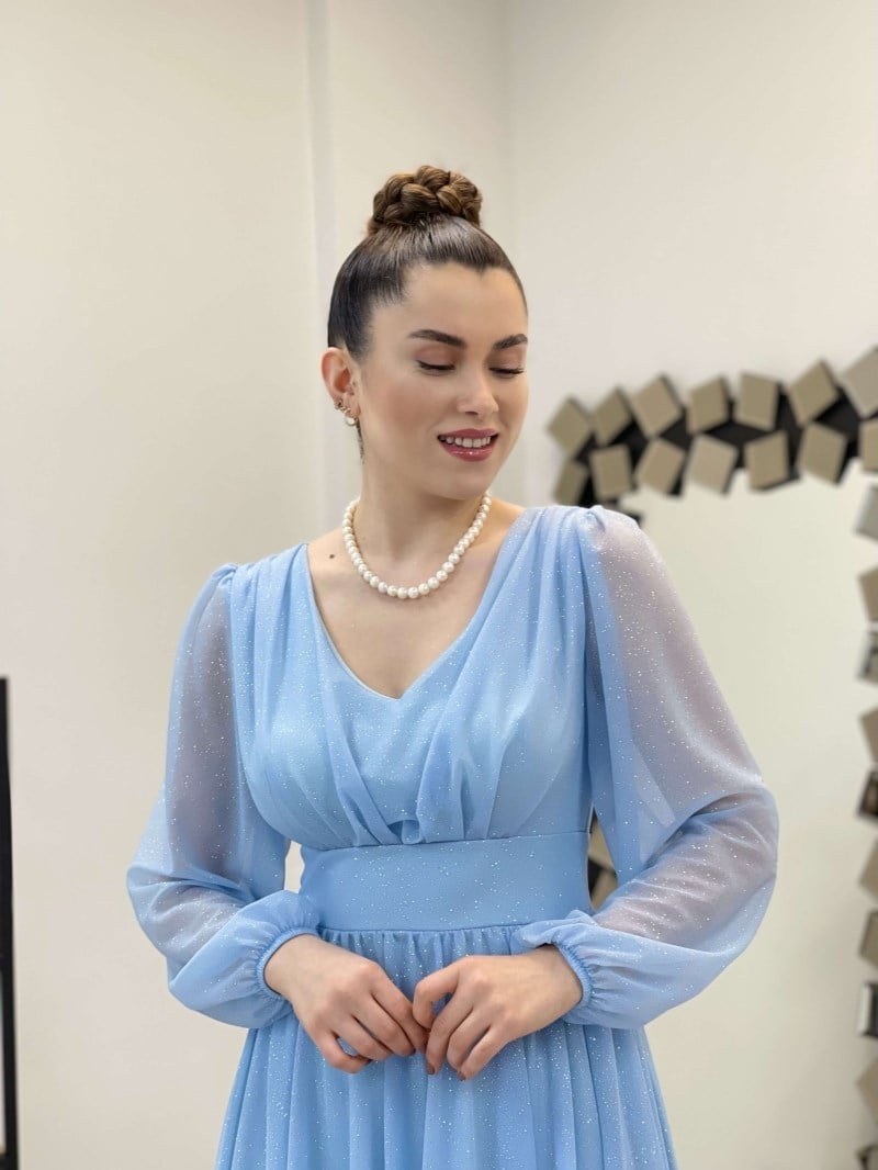Sim Detaylı Midi Elbise - BUZ MAVİ