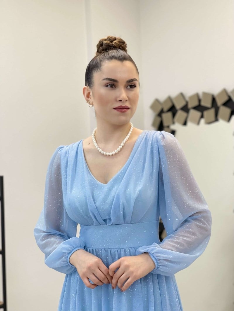 Sim Detaylı Midi Elbise - BUZ MAVİ