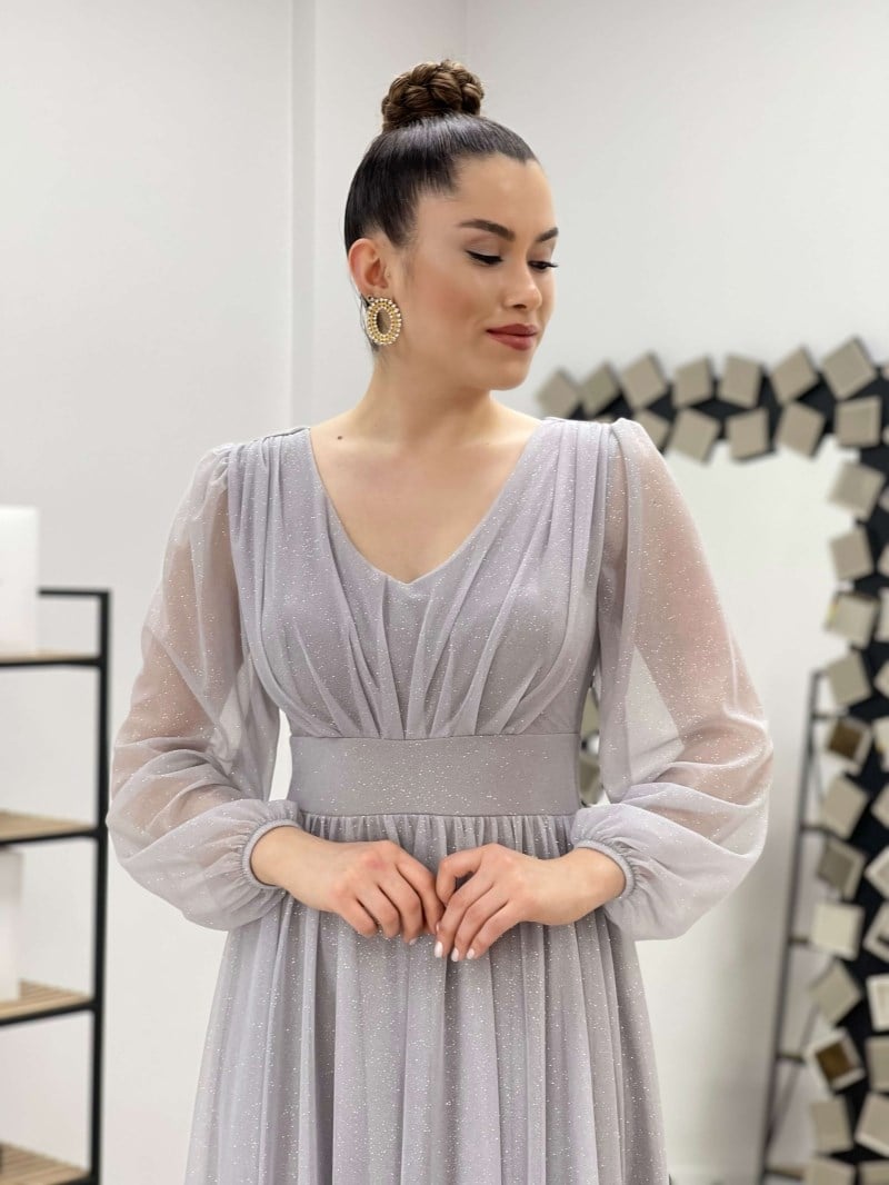 Sim Detaylı Midi Elbise - GRİ