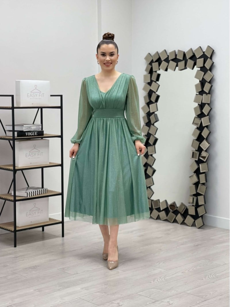 Sim Detaylı Midi Elbise - MİNT YEŞİL