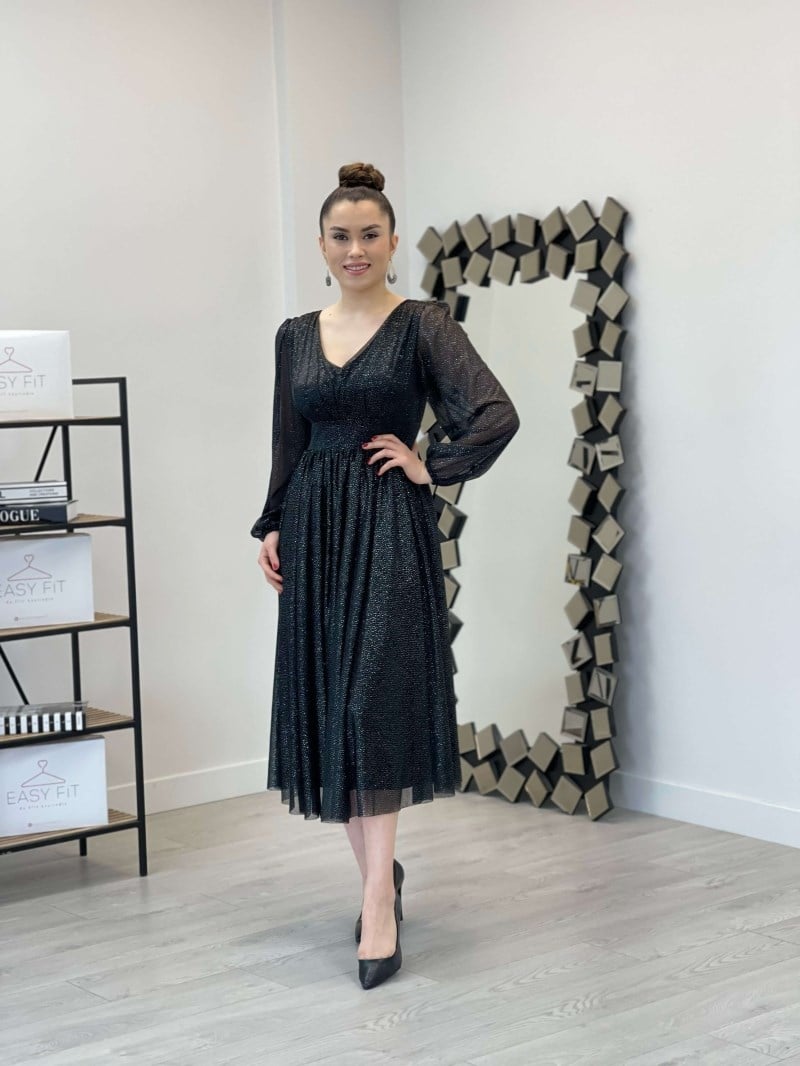 Sim Detaylı Midi Elbise - SİYAH