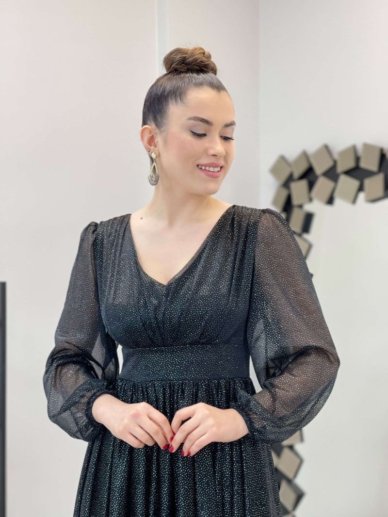 Sim Detaylı Midi Elbise - SİYAH