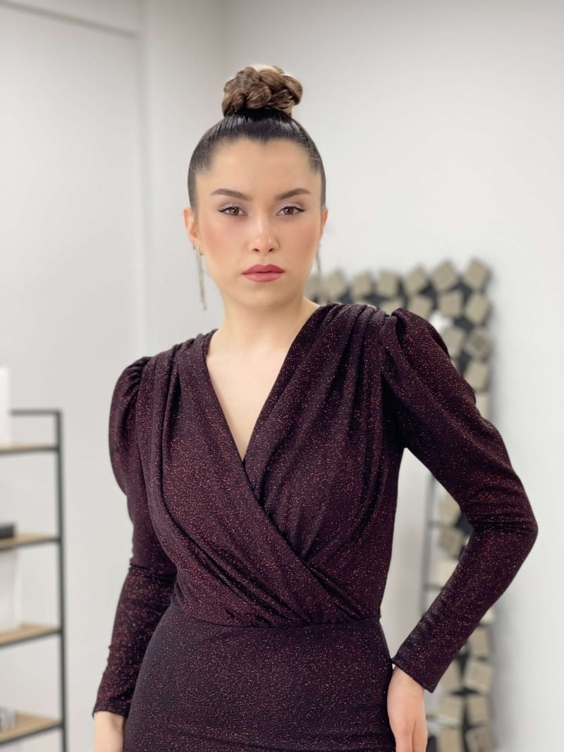 Simli Kalem Elbise - BORDO