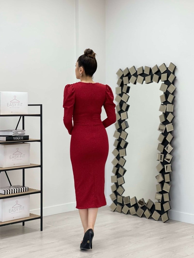 Simli Kalem Elbise - KIRMIZI