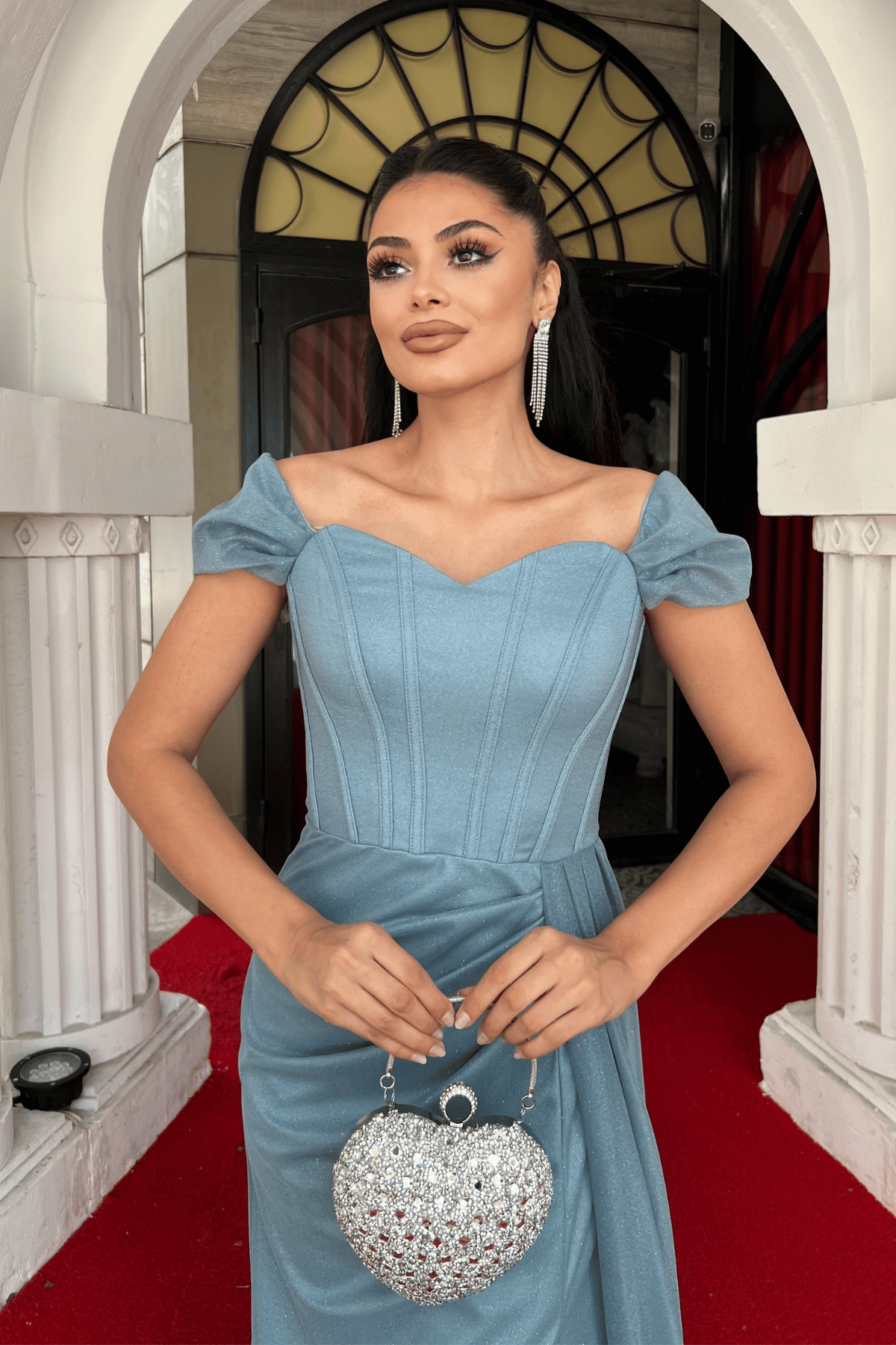 Simli Kumaş Balen Detaylı Abiye Elbise - SU YEŞİLİ