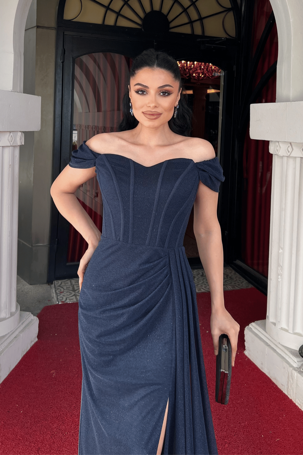 Simli Kumaş Balen Detaylı Abiye Elbise - LACİVERT