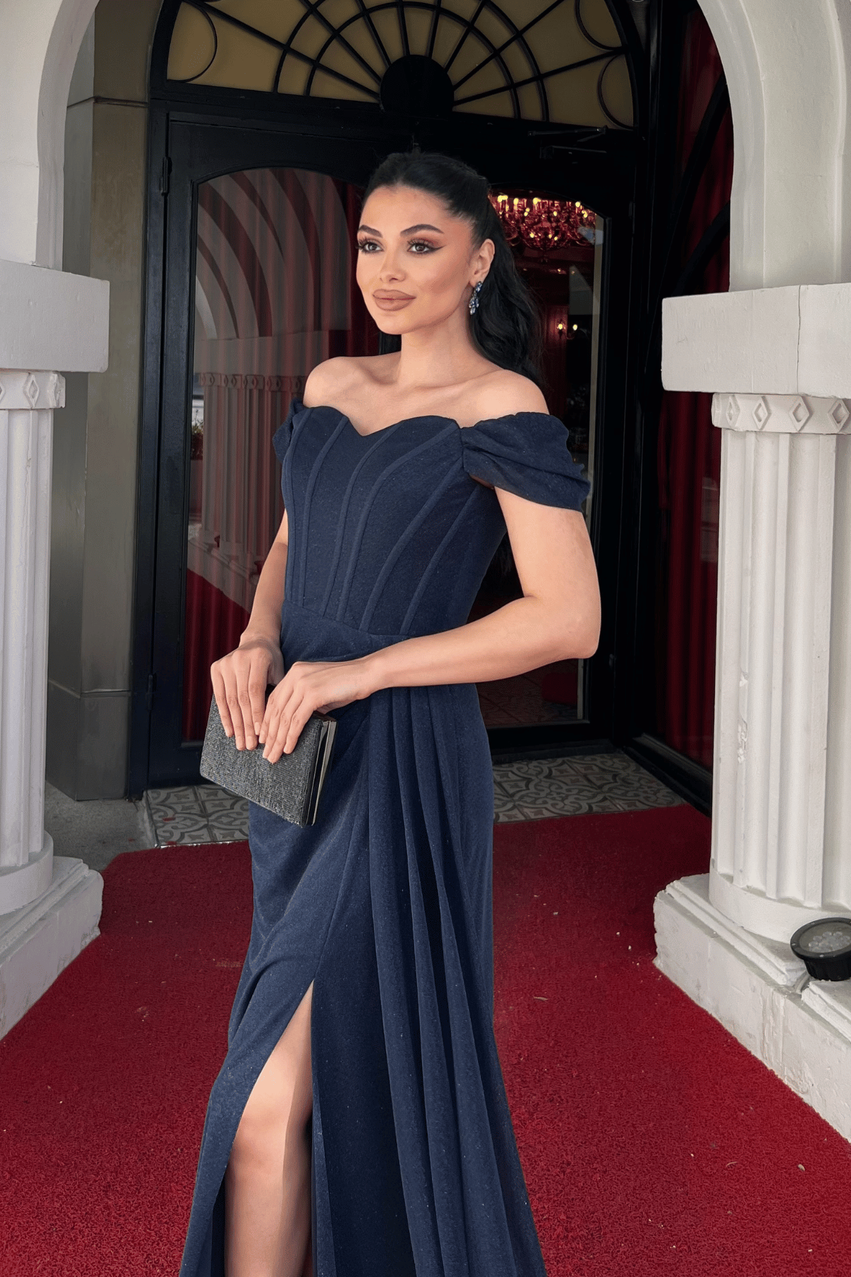 Simli Kumaş Balen Detaylı Abiye Elbise - LACİVERT