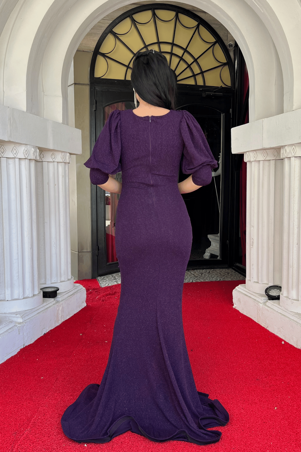 Simli Kumaş Balık Model Volan Detaylı Abiye Elbise - PATLICAN MOR