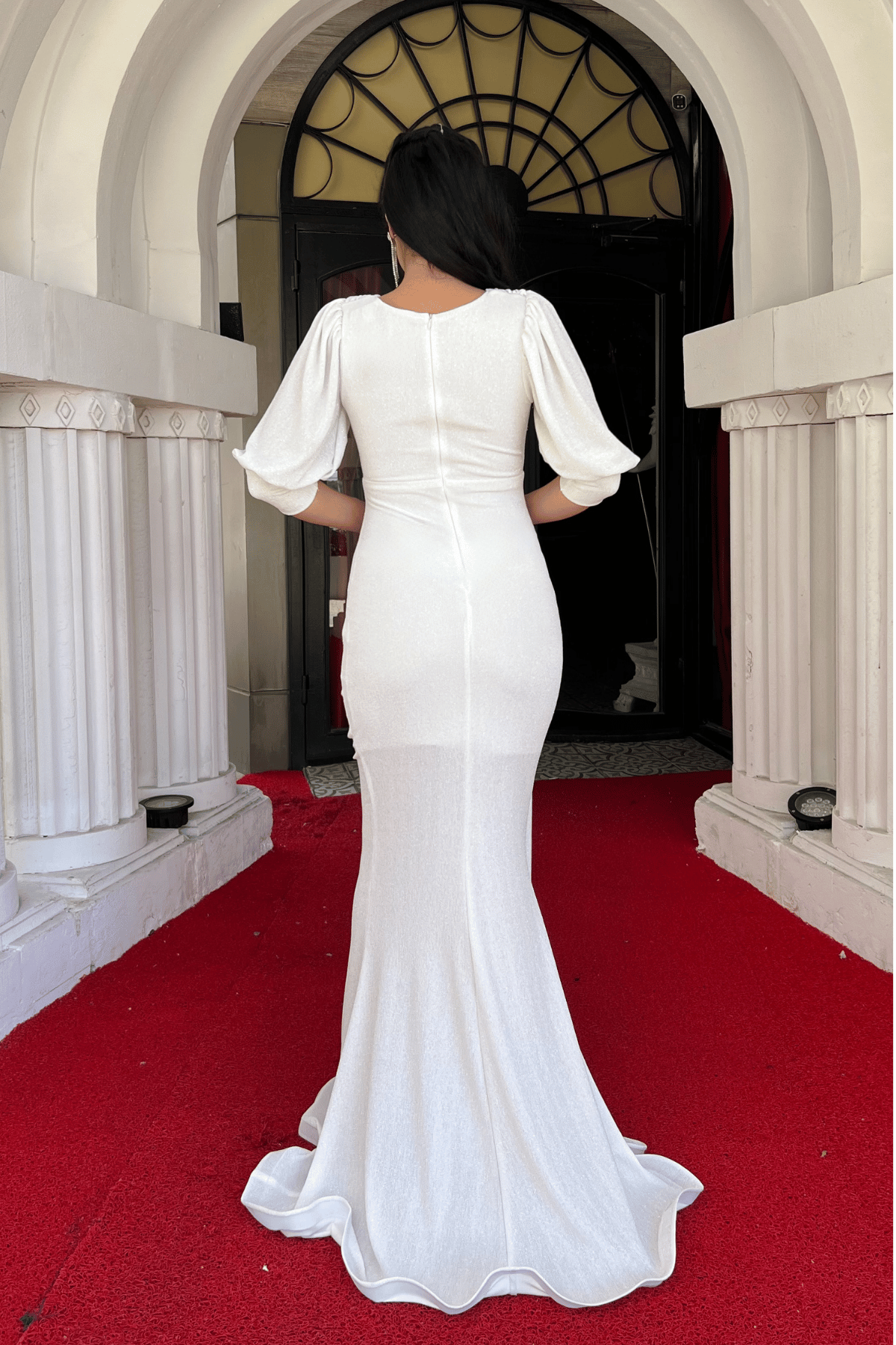 Simli Kumaş Balık Model Volan Detaylı Abiye Elbise - BEYAZ