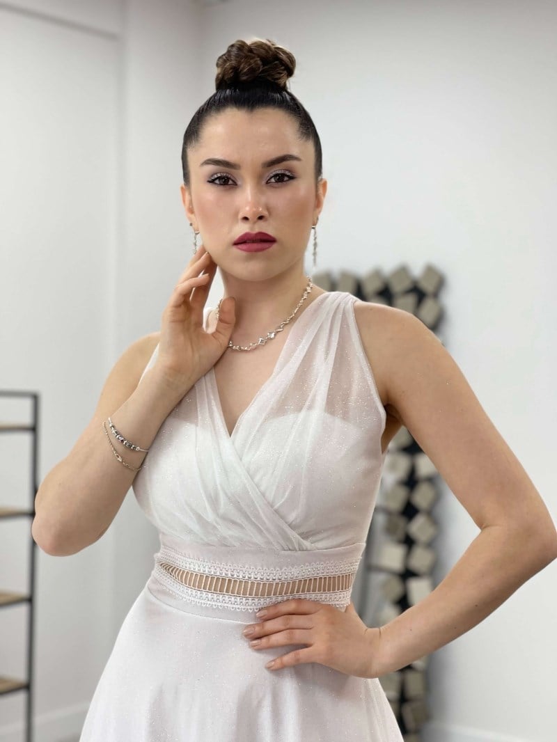 Simli Kumaş Bel Motifli Elbise - BEYAZ