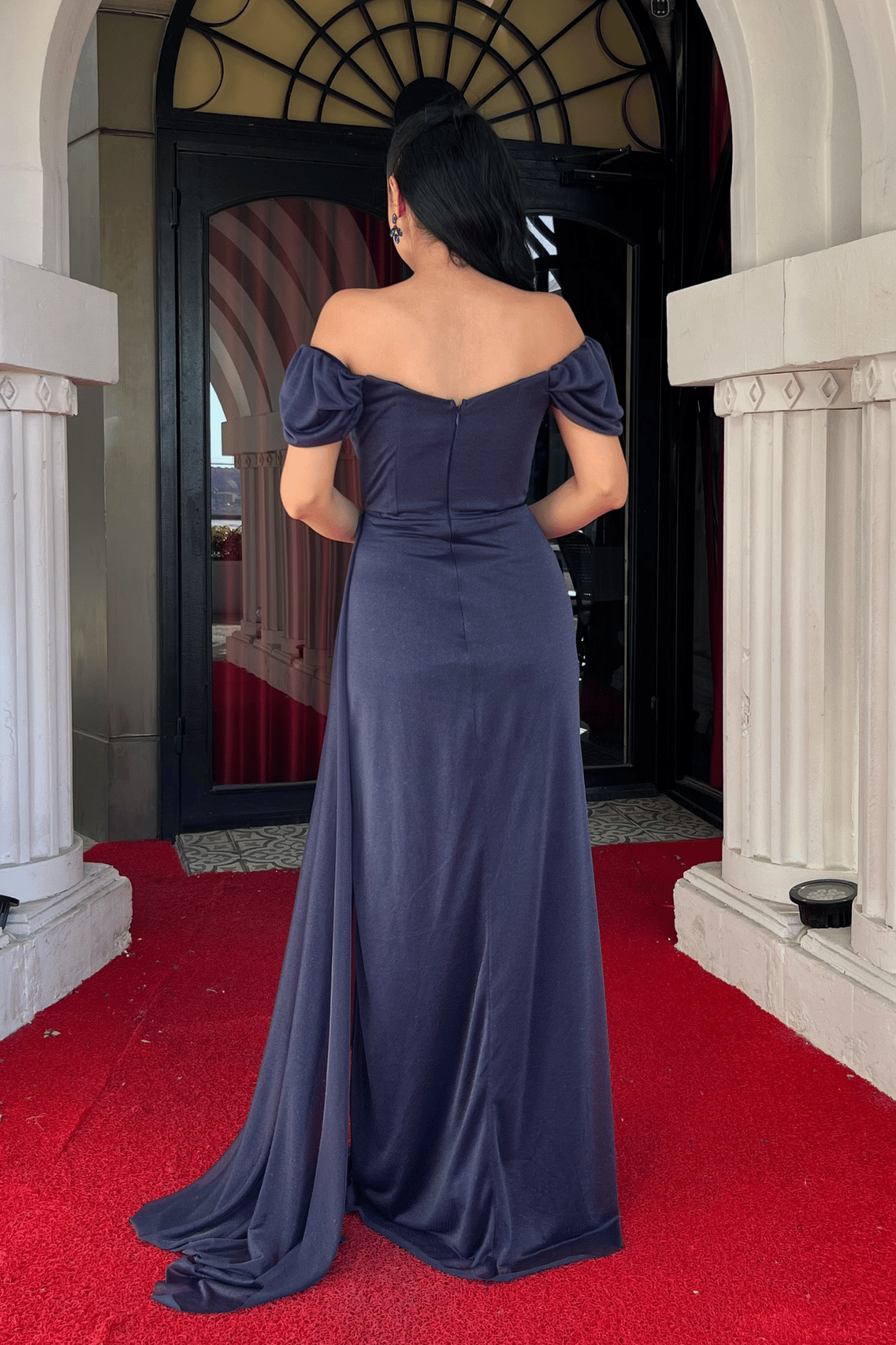 Simli Kumaş Büzgü Detaylı Balık Abiye Elbise - LACİVERT