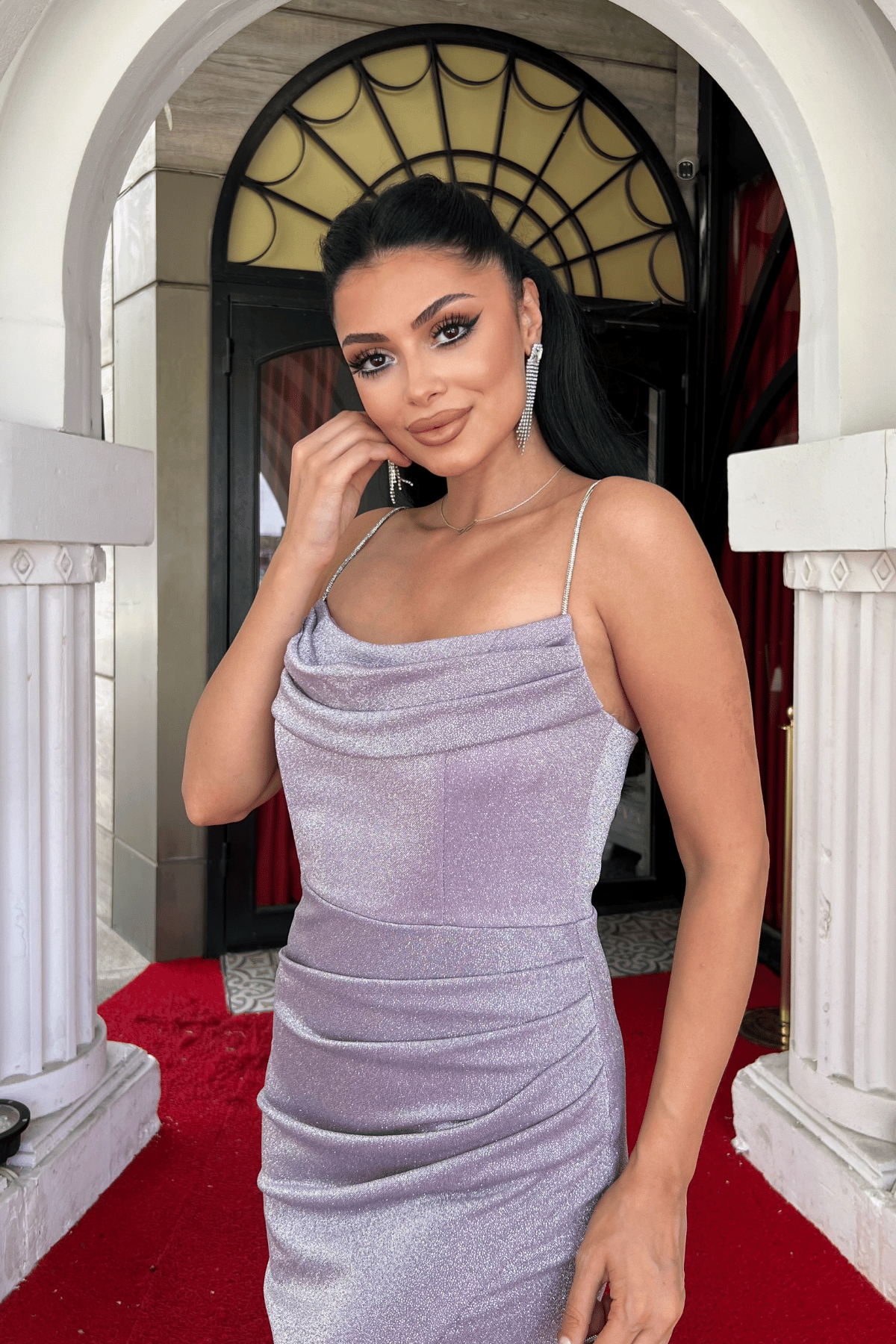 Simli Kumaş Degaje Yaka Abiye Elbise - PUDRA