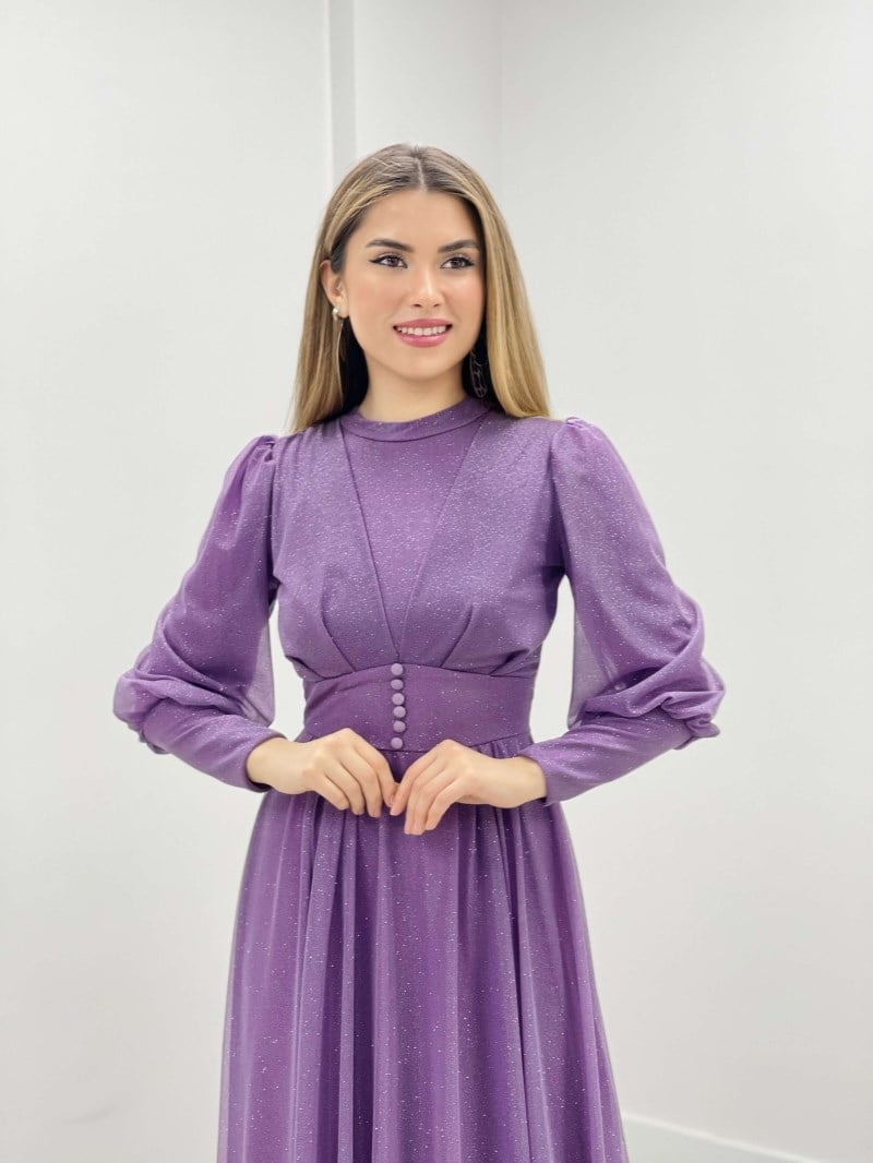 Simli Kumaş Düğme Detaylı Abiye Elbise - LİLA
