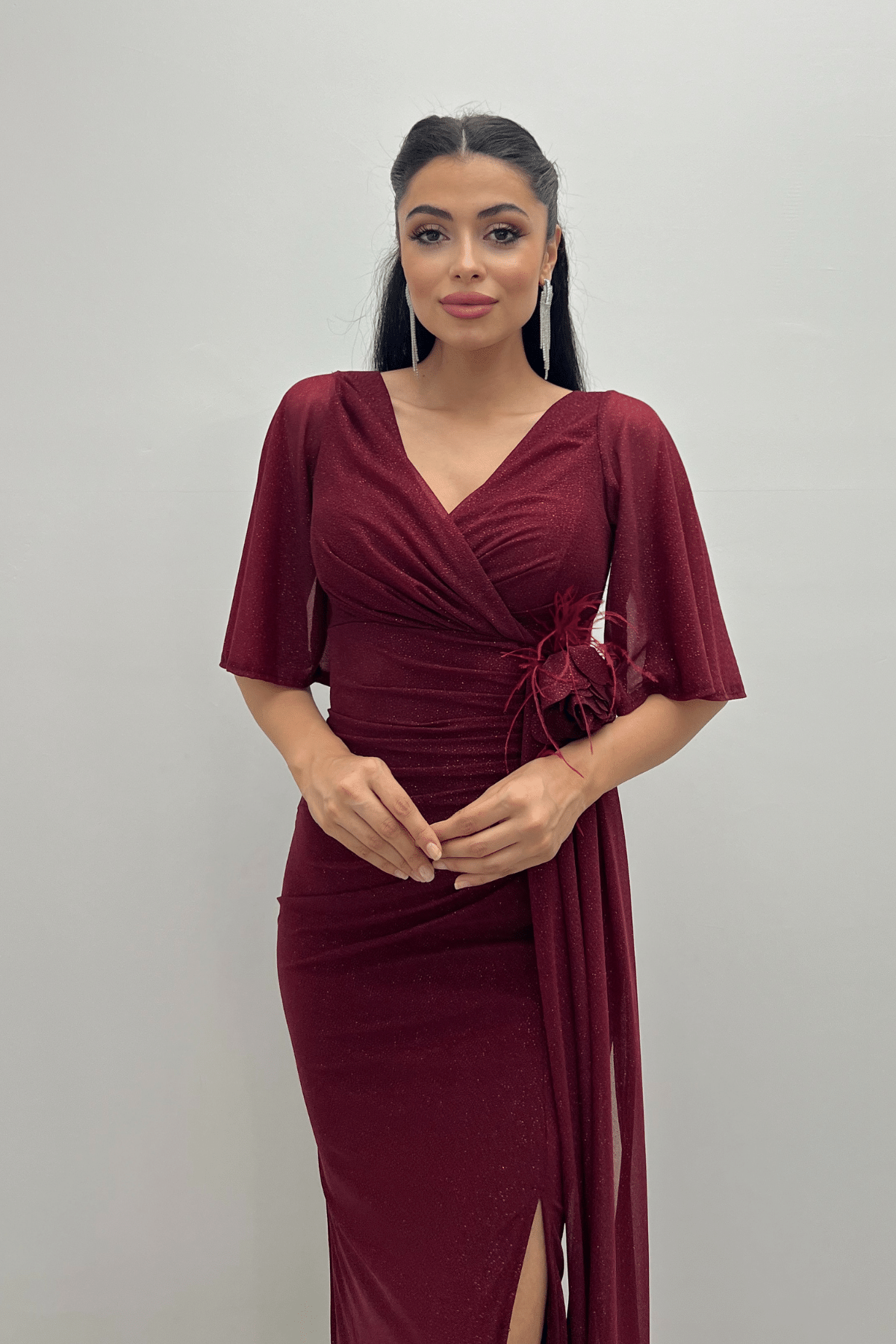 Simli Kumaş Gül Şal Detaylı Balık Elbise - BORDO