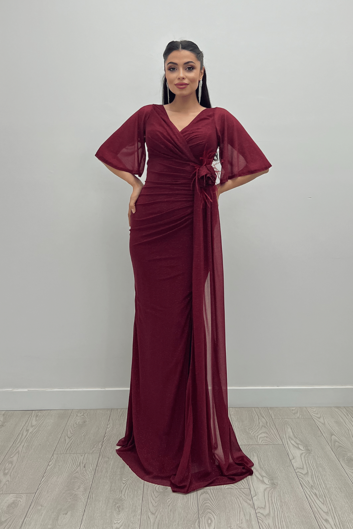 Simli Kumaş Gül Şal Detaylı Balık Elbise - BORDO