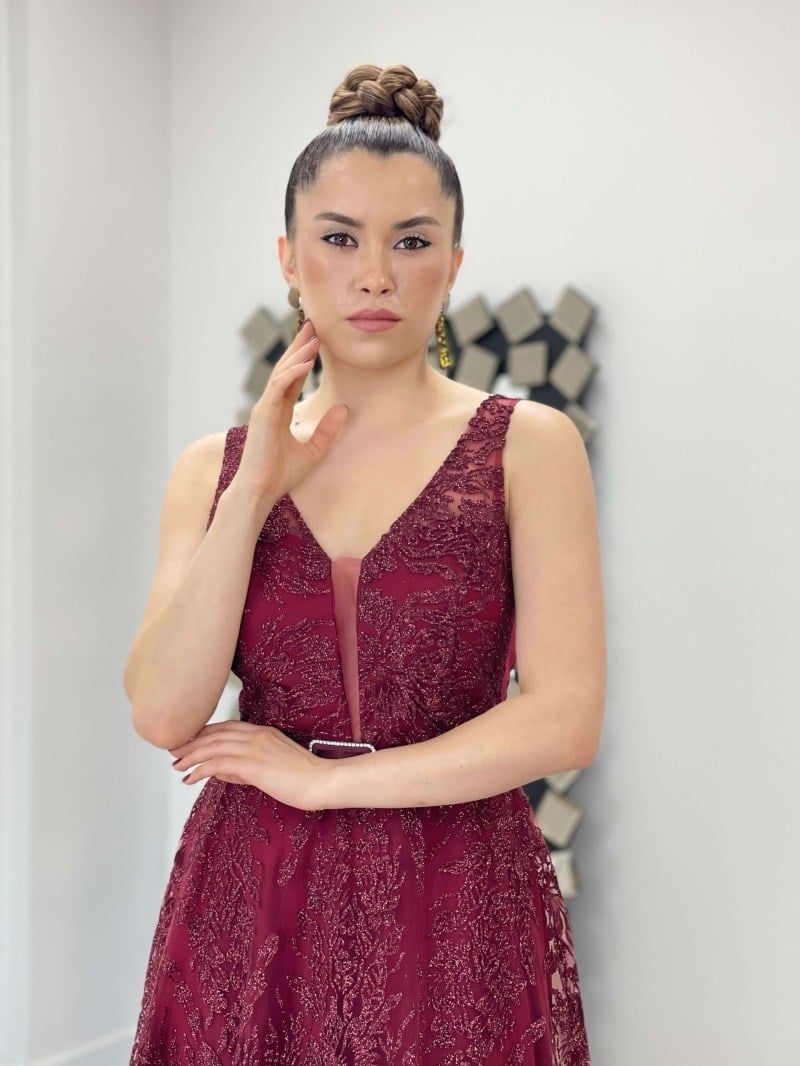 Simli Kumaş Kalın Askılı Midi Elbise - BORDO