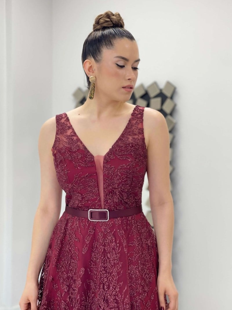 Simli Kumaş Kalın Askılı Midi Elbise - BORDO