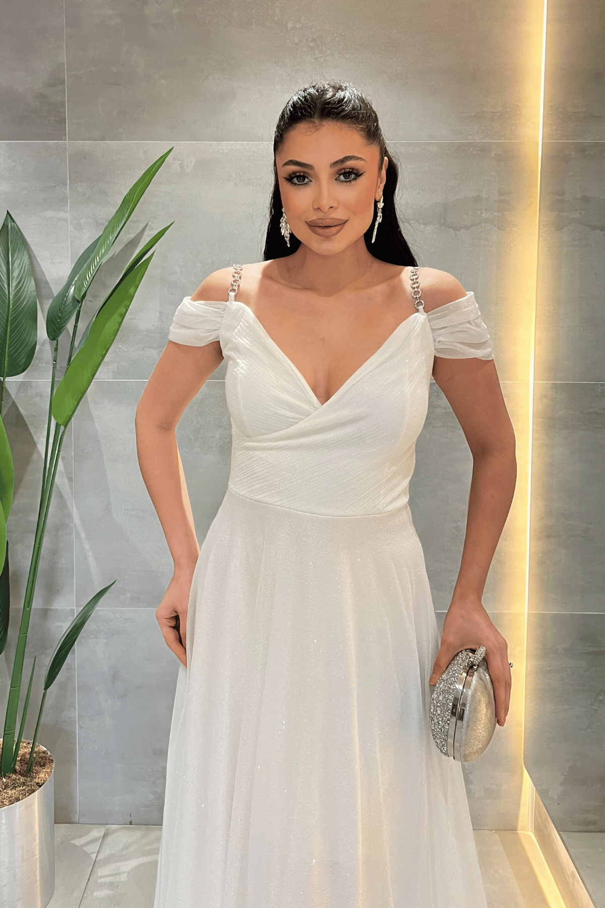 Simli Kumaş Kayık Yaka Abiye Elbise - BEYAZ