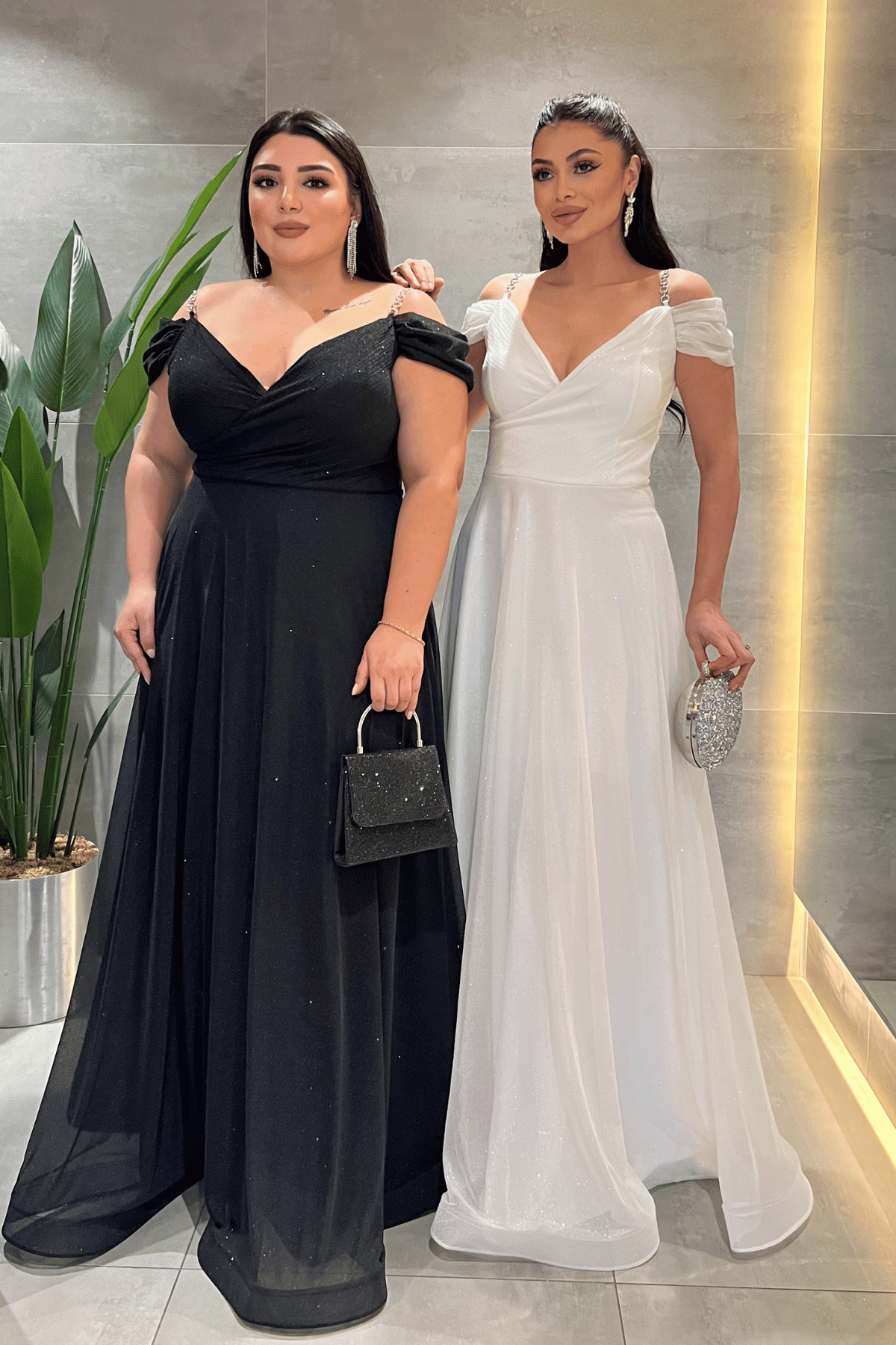 Simli Kumaş Kayık Yaka Abiye Elbise - BEYAZ