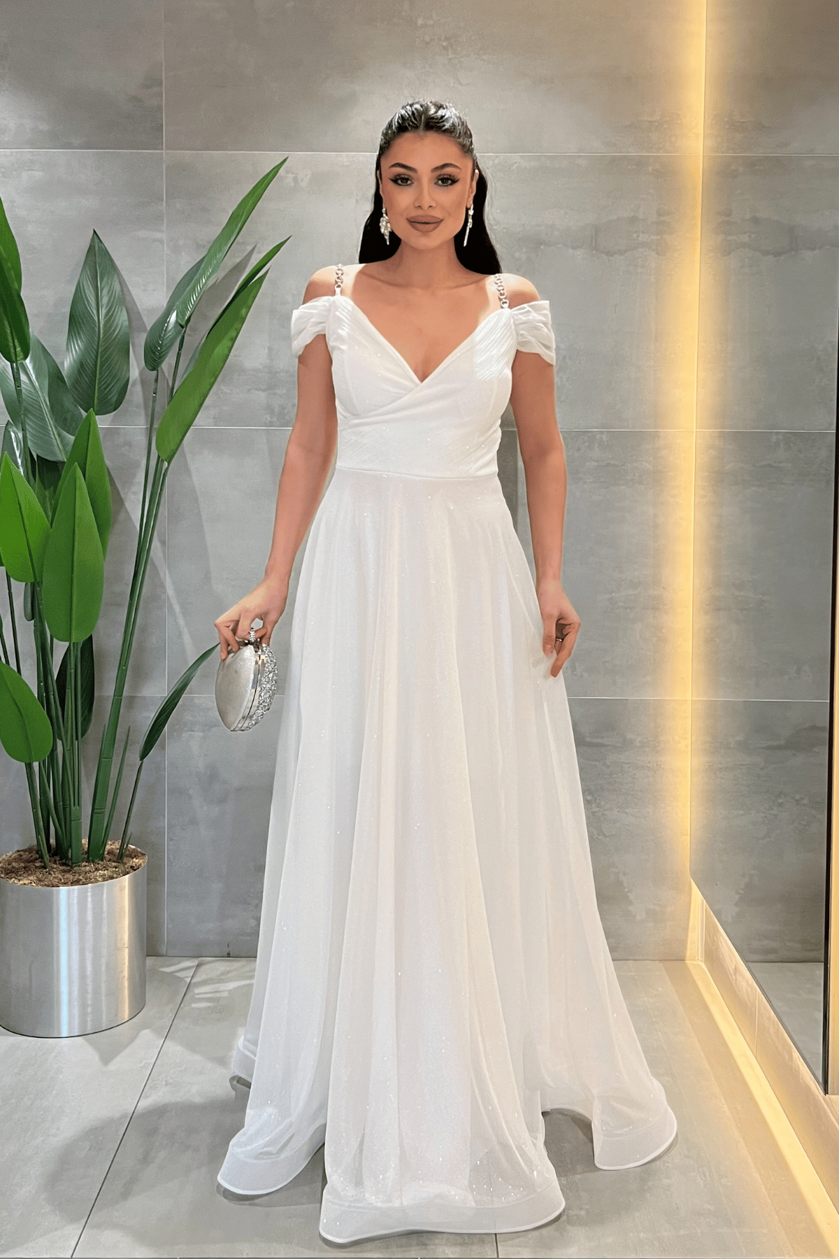 Simli Kumaş Kayık Yaka Abiye Elbise - BEYAZ