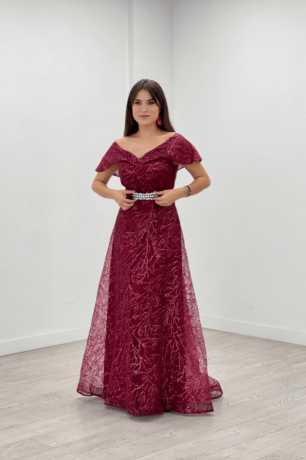 Simli Kumaş Kayık Yaka Abiye Elbise - BORDO