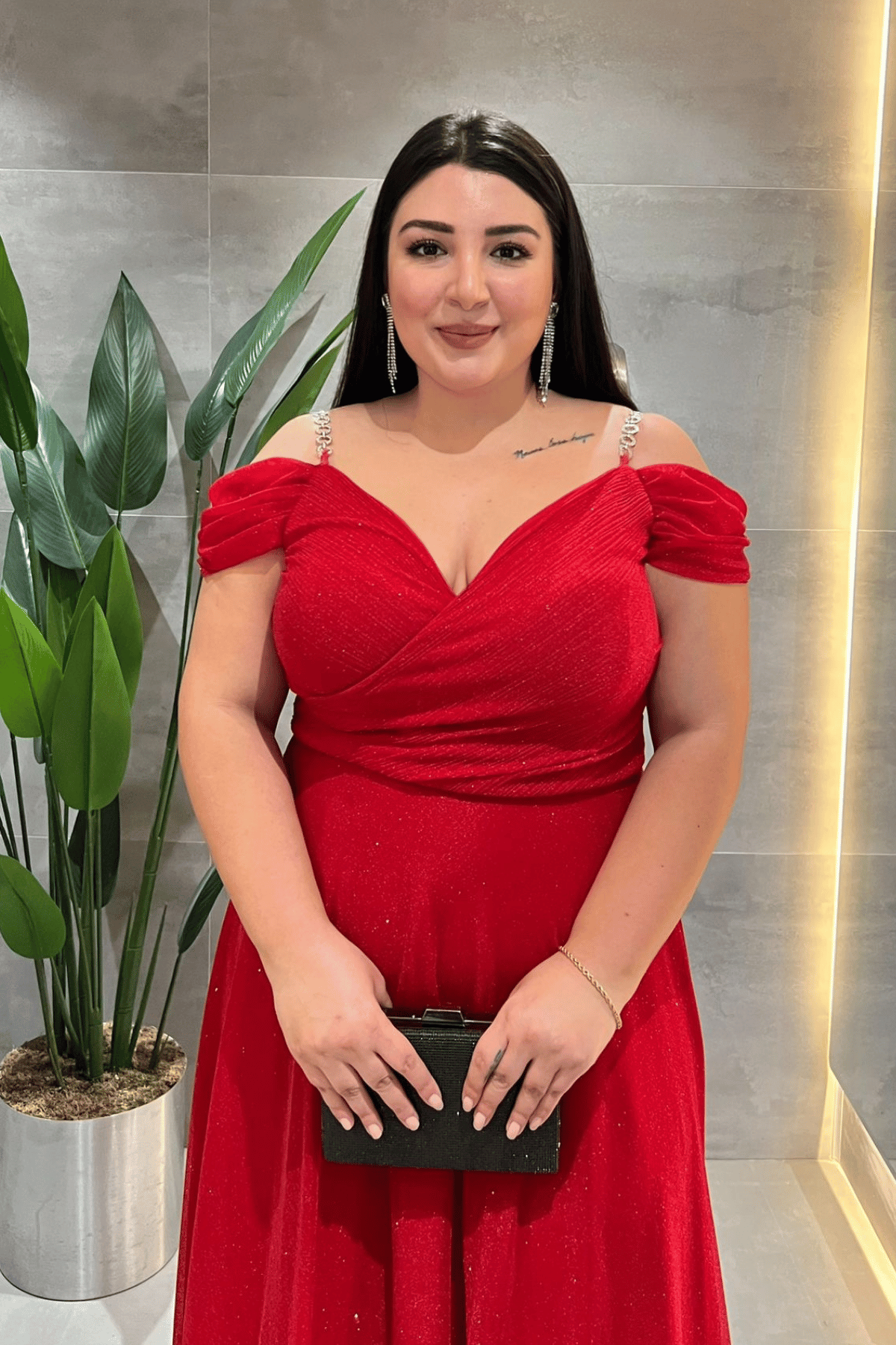 Simli Kumaş Kayık Yaka Abiye Elbise - KIRMIZI