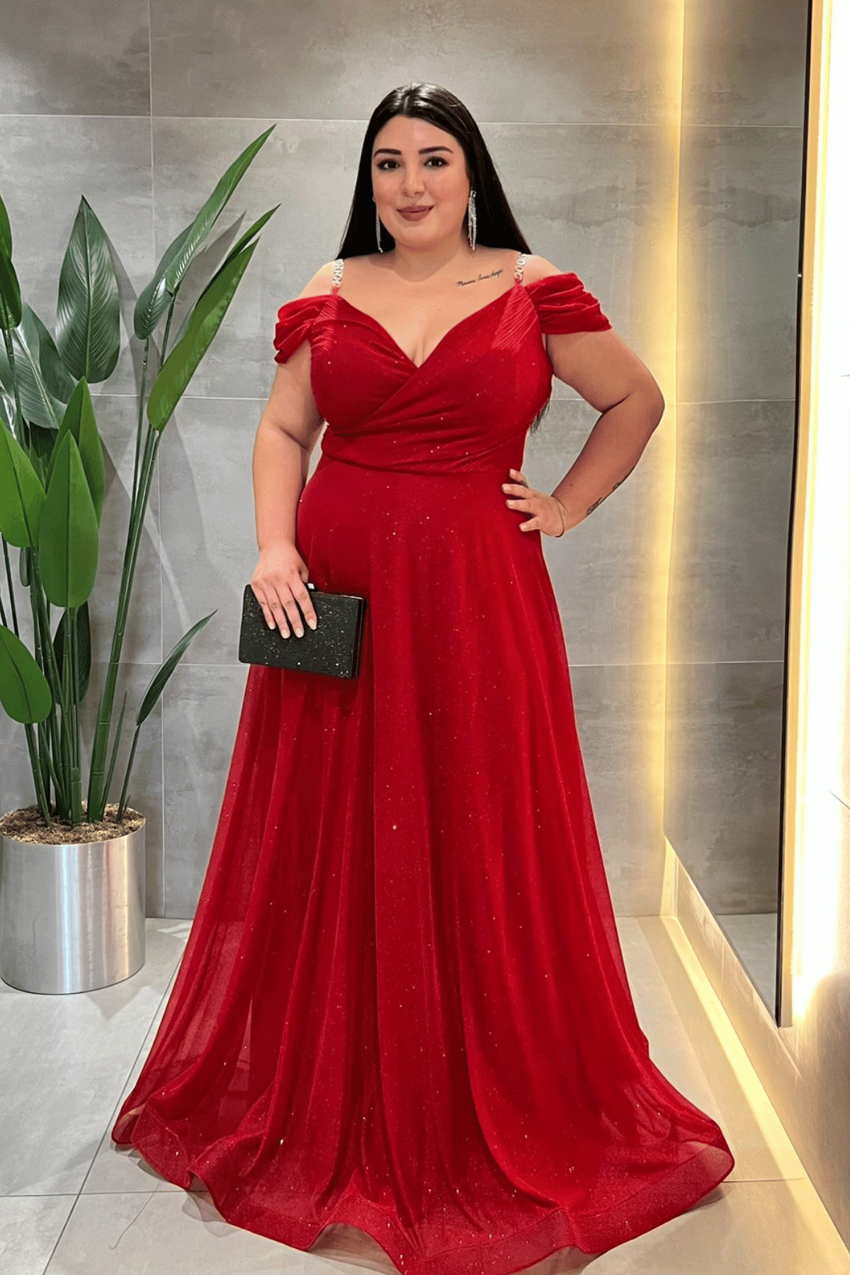 Simli Kumaş Kayık Yaka Abiye Elbise - KIRMIZI