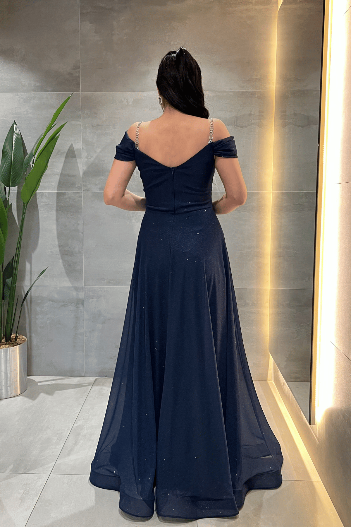 Simli Kumaş Kayık Yaka Abiye Elbise - LACİVERT