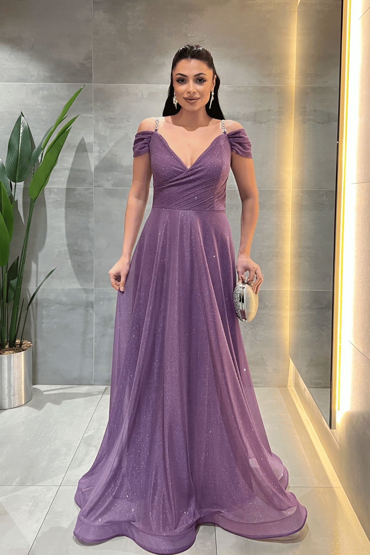 Simli Kumaş Kayık Yaka Abiye Elbise - MOR