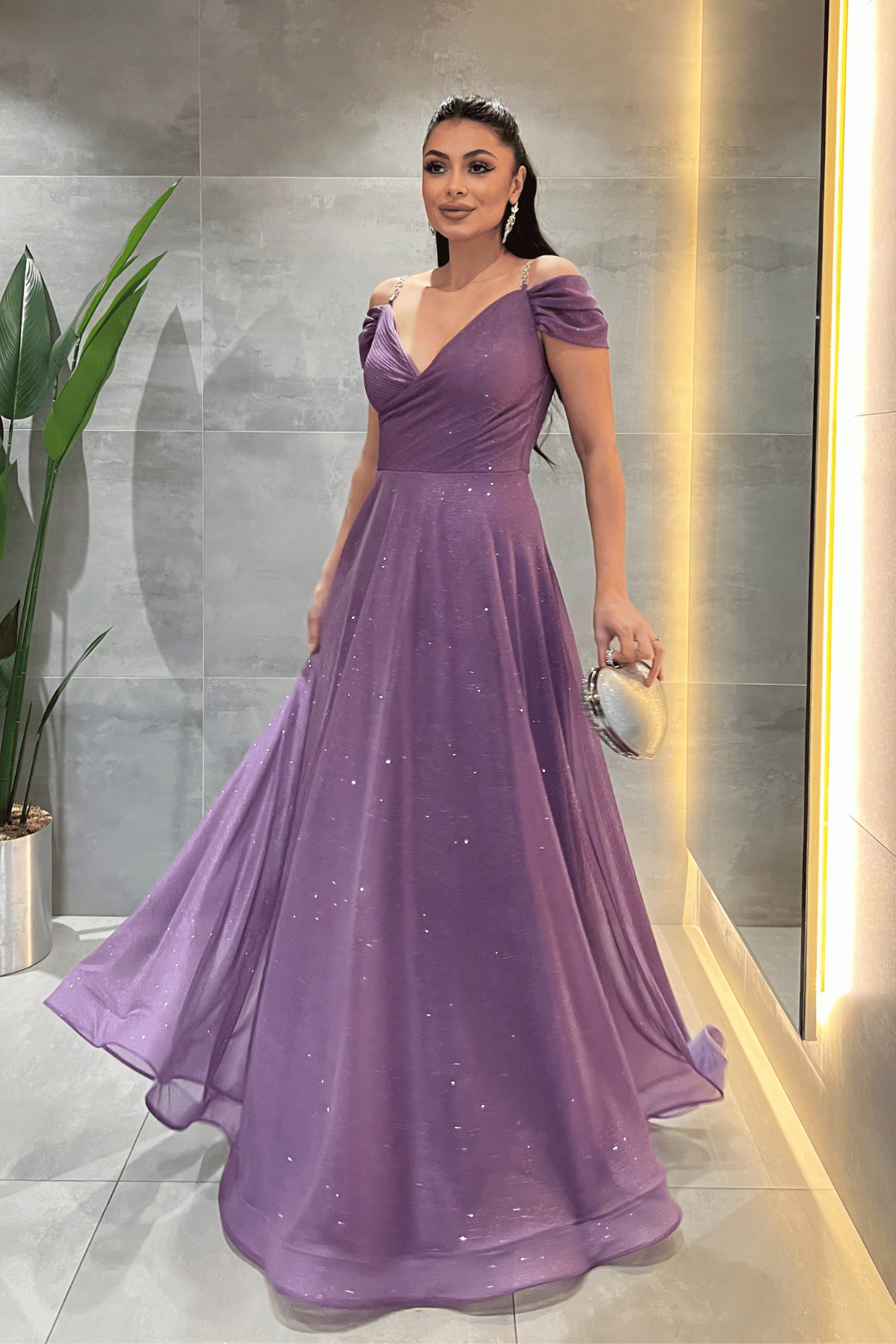 Simli Kumaş Kayık Yaka Abiye Elbise - MOR