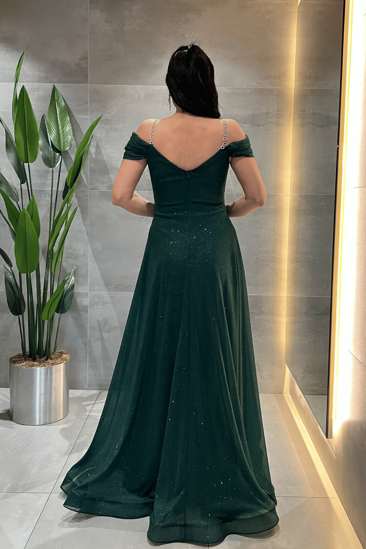 Simli Kumaş Kayık Yaka Abiye Elbise - ZÜMRÜT YEŞİL